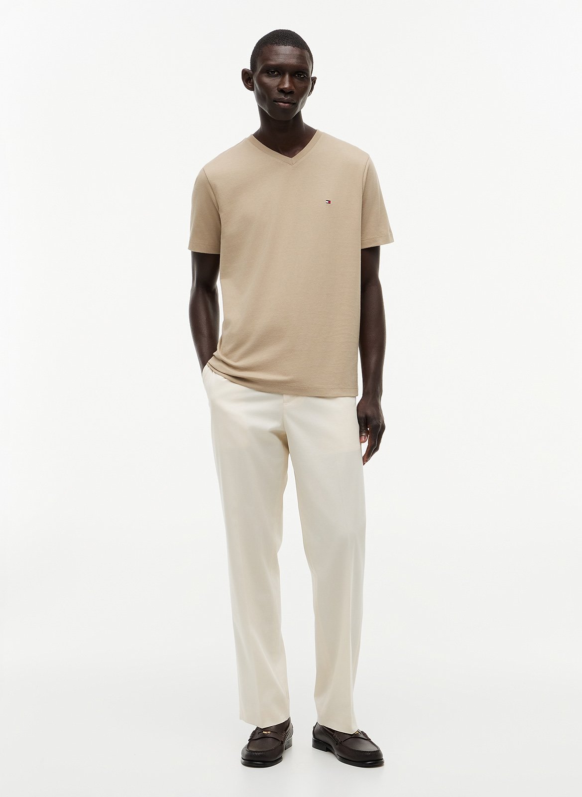 T-shirt met V-hals in effen katoen Beige