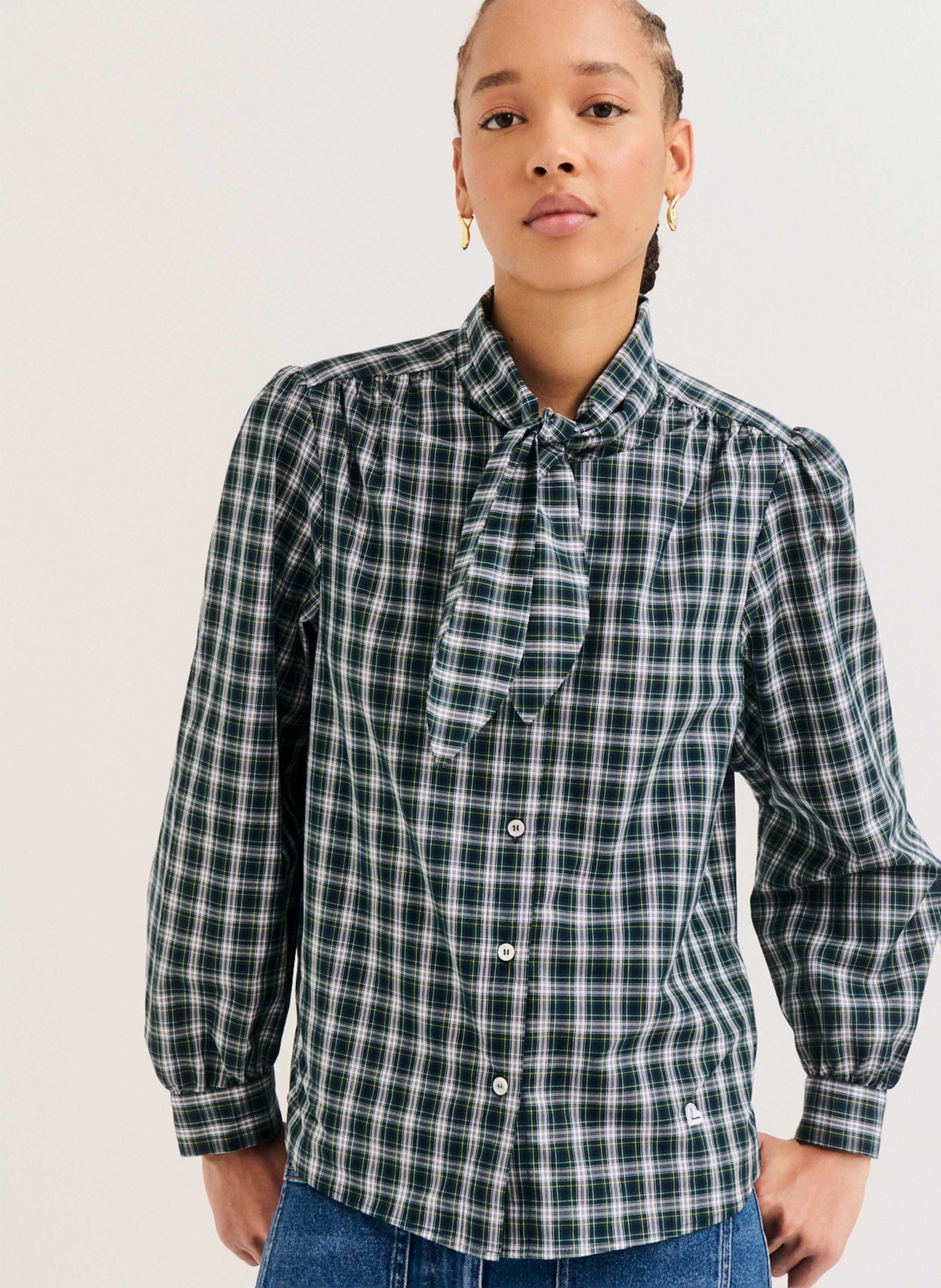 Cotton shirt with pussy-bow collar PABLO Green