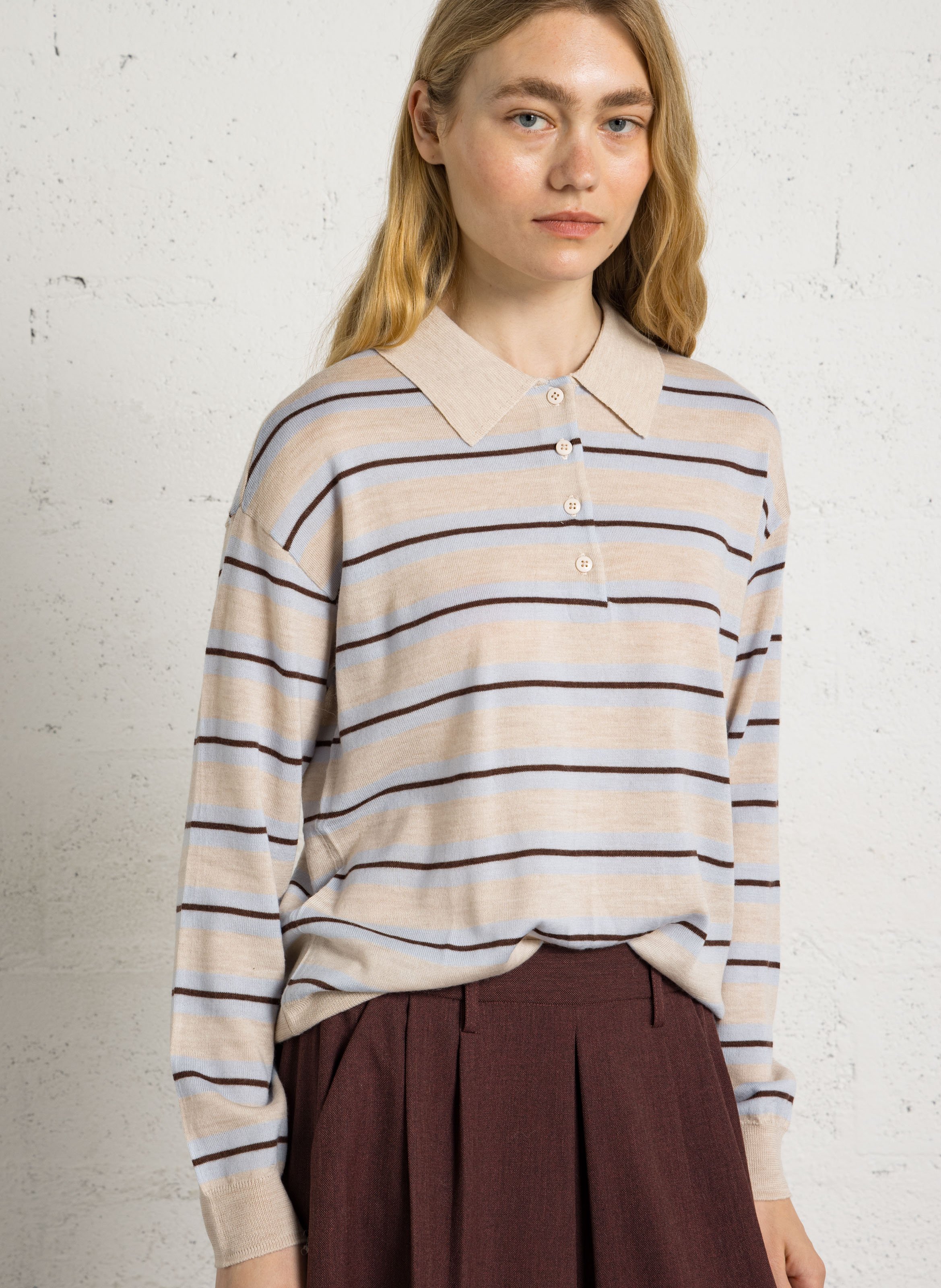 Gestreepte wollen polotrui met knoopsluiting SUD EXPRESS Beige
