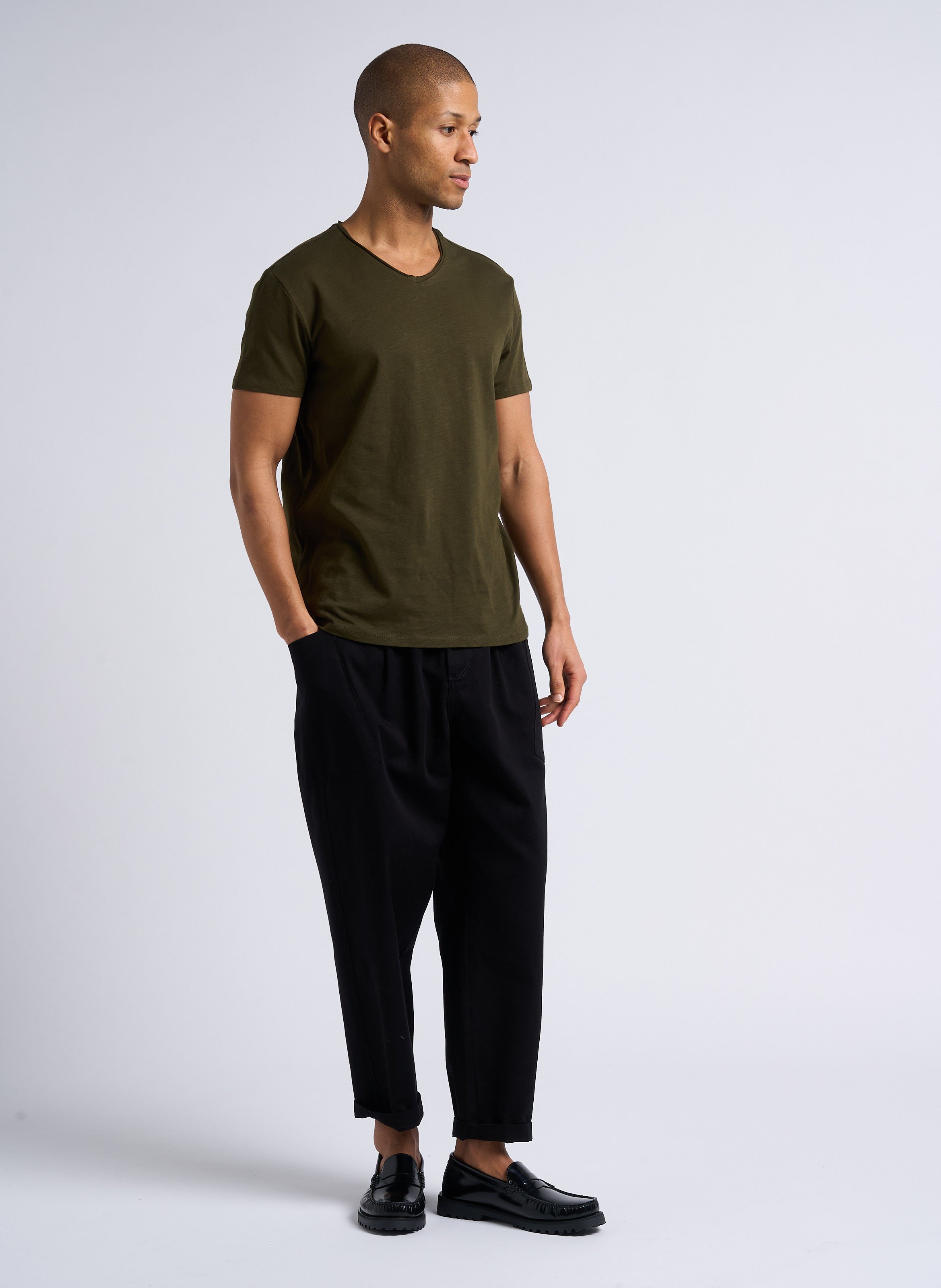 Slim-fit V-neck slub cotton T-shirt IKKS Khaki