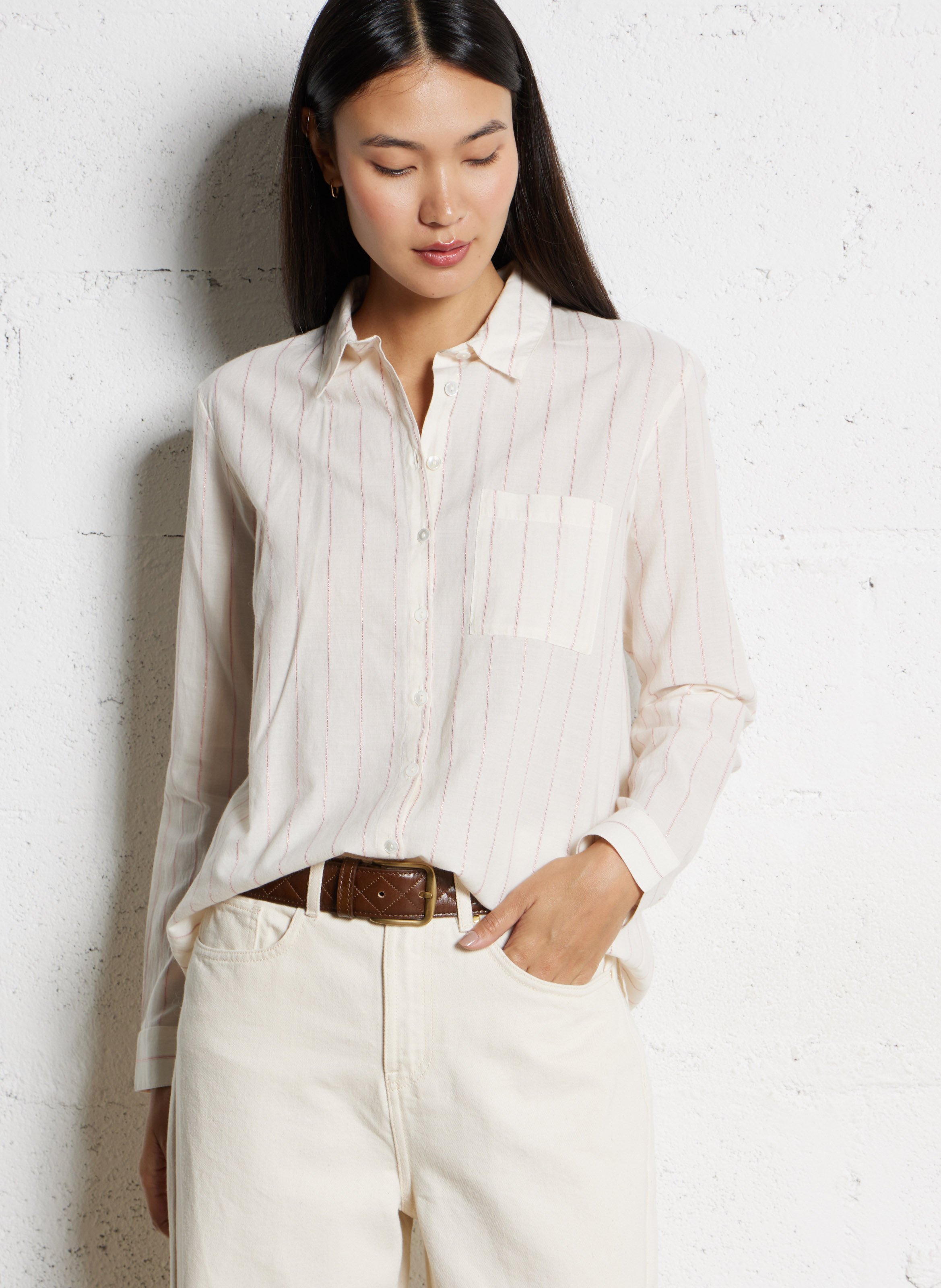 Straight shirt in striped blended cotton DES PETITS HAUTS Beige
