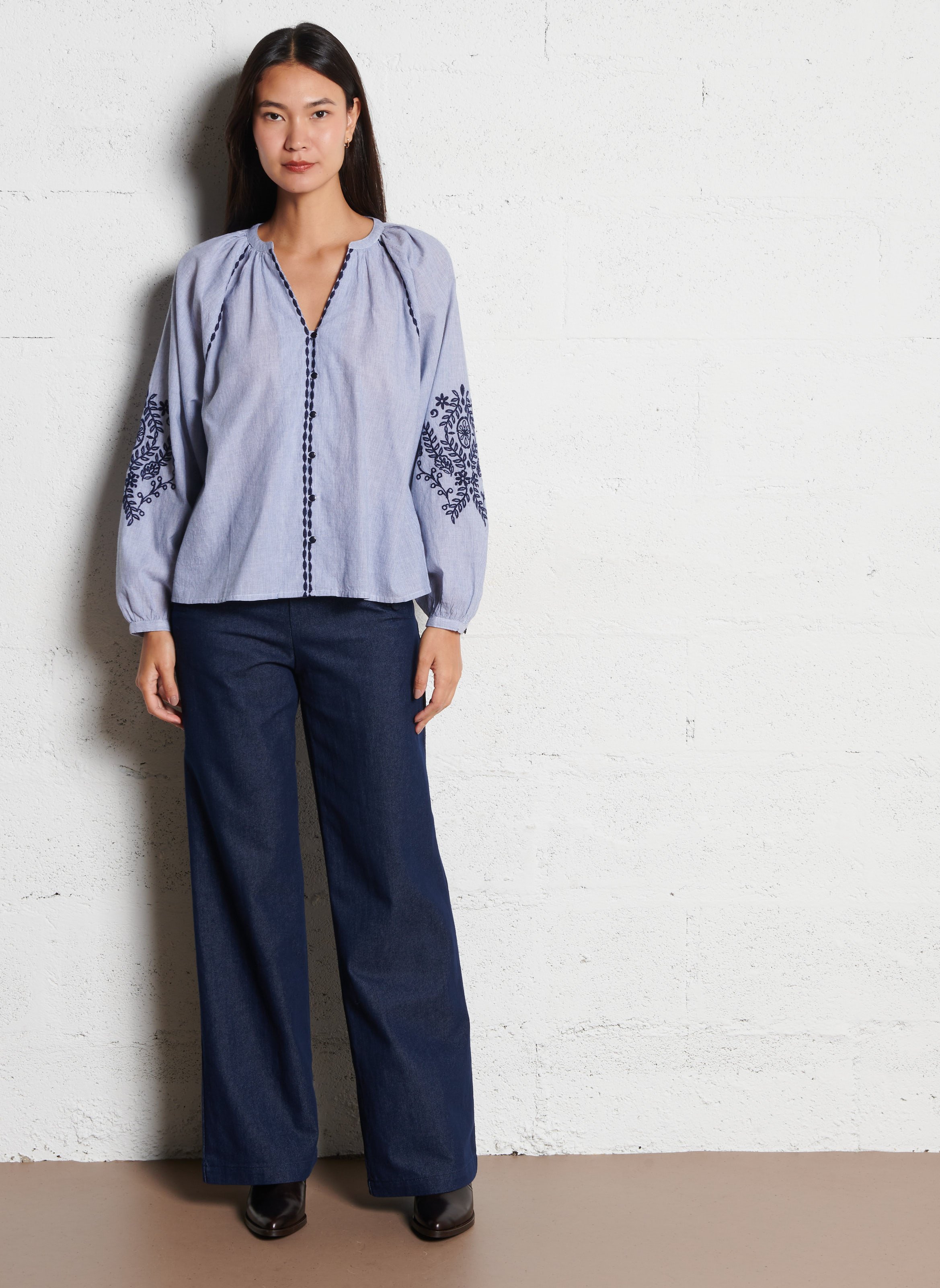 Blouse col V en coton LA PETITE ETOILE Bleu