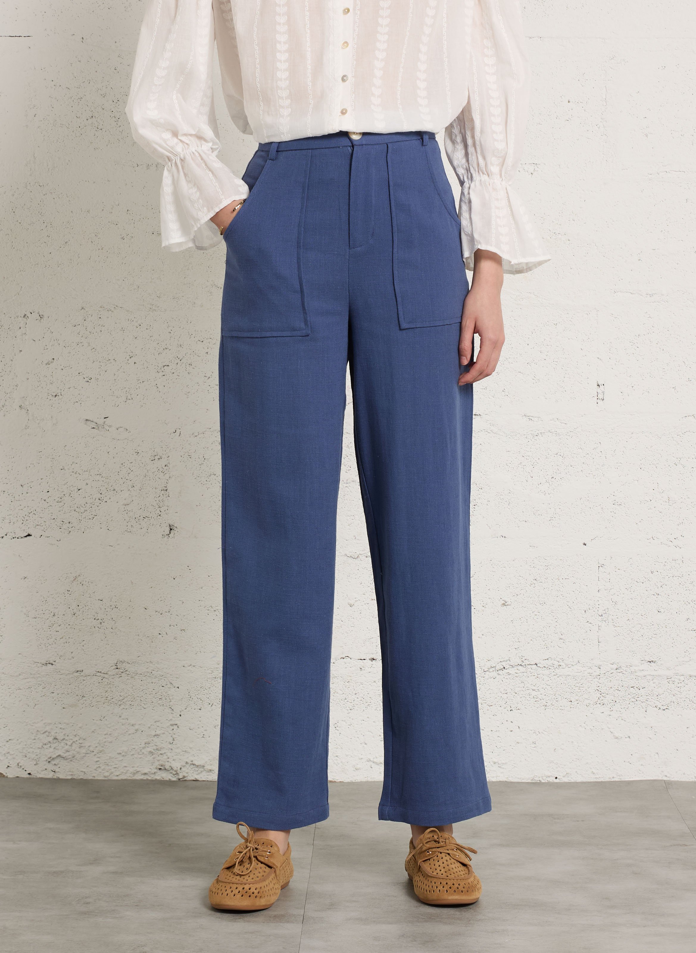Pantalon droit taille haute en coton et lin THE KORNER Bleu