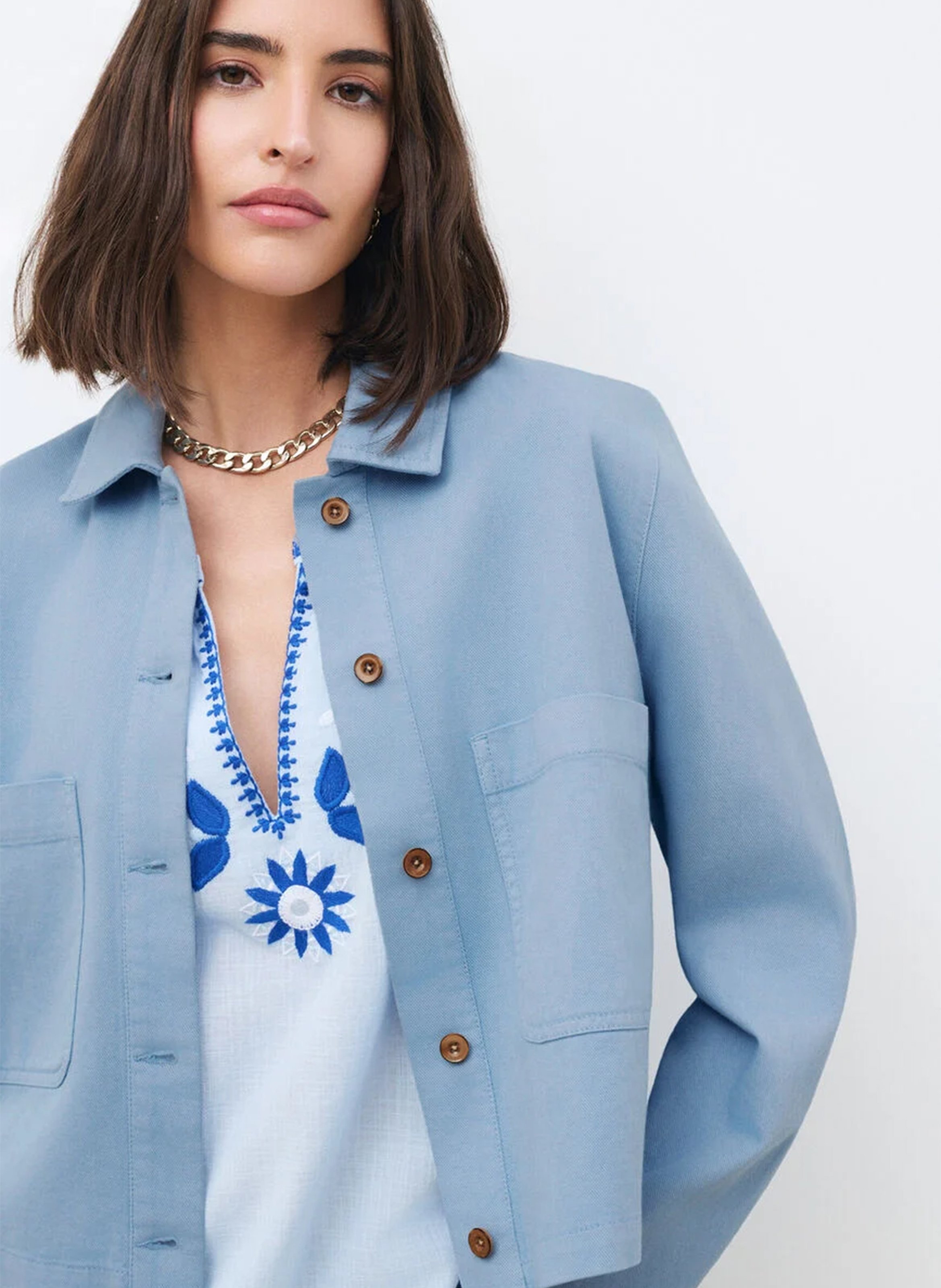 Blouson droit col classique en coton et lin mélangé CAROLL Bleu