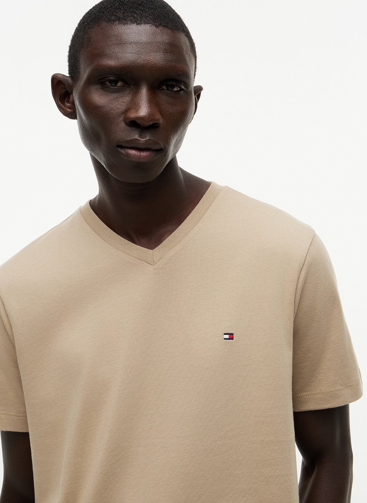 T-shirt met V-hals in effen katoen Beige