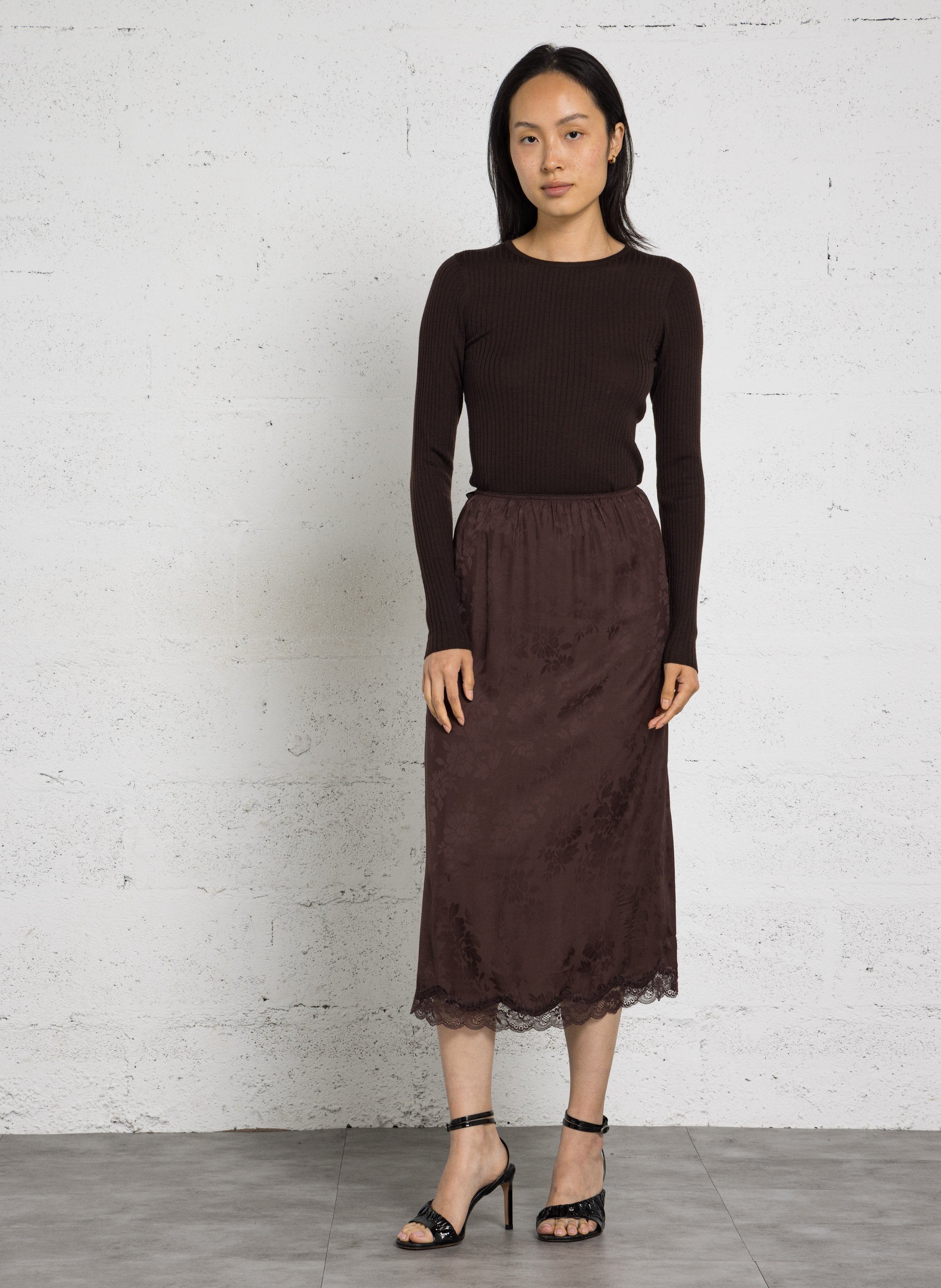 Tee-shirt manches longues moulant en laine MAJESTIC FILATURES Marron