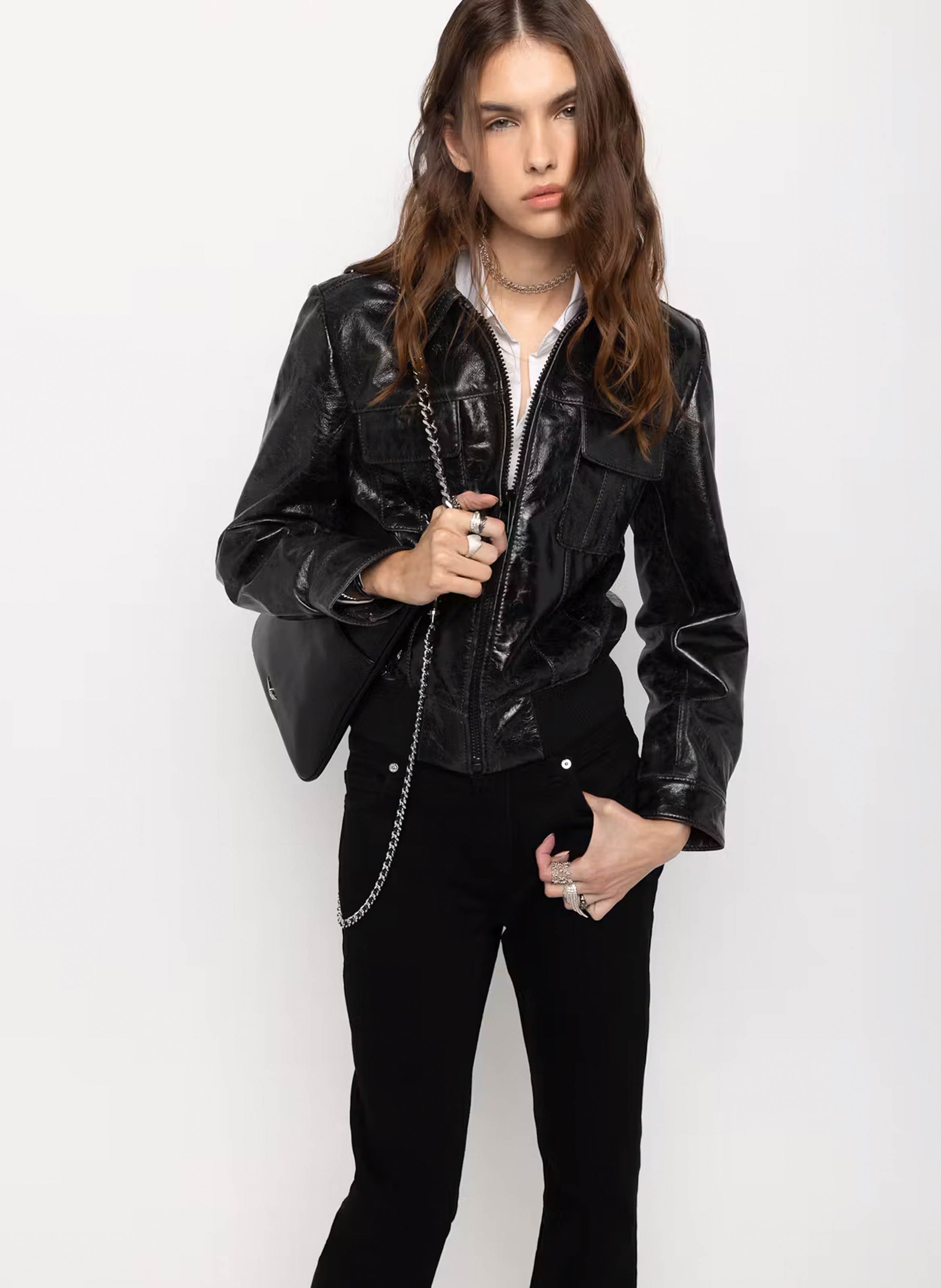 Blouson droit zippé en cuir ZADIG&VOLTAIRE Noir