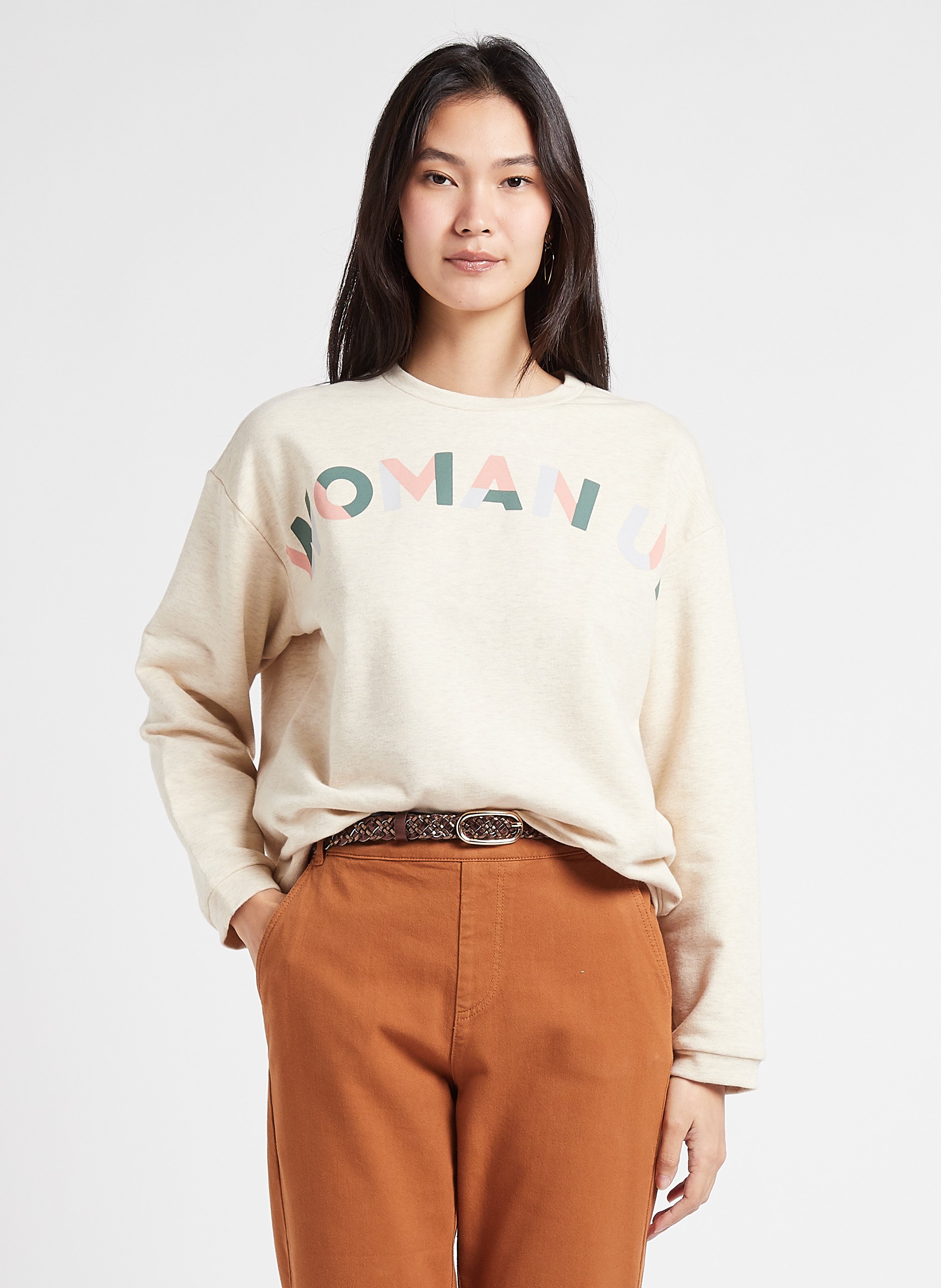 Round-neck Cotton-blend Sweatshirt With Screen Print Ecru I Code - Women |  Place des Tendances