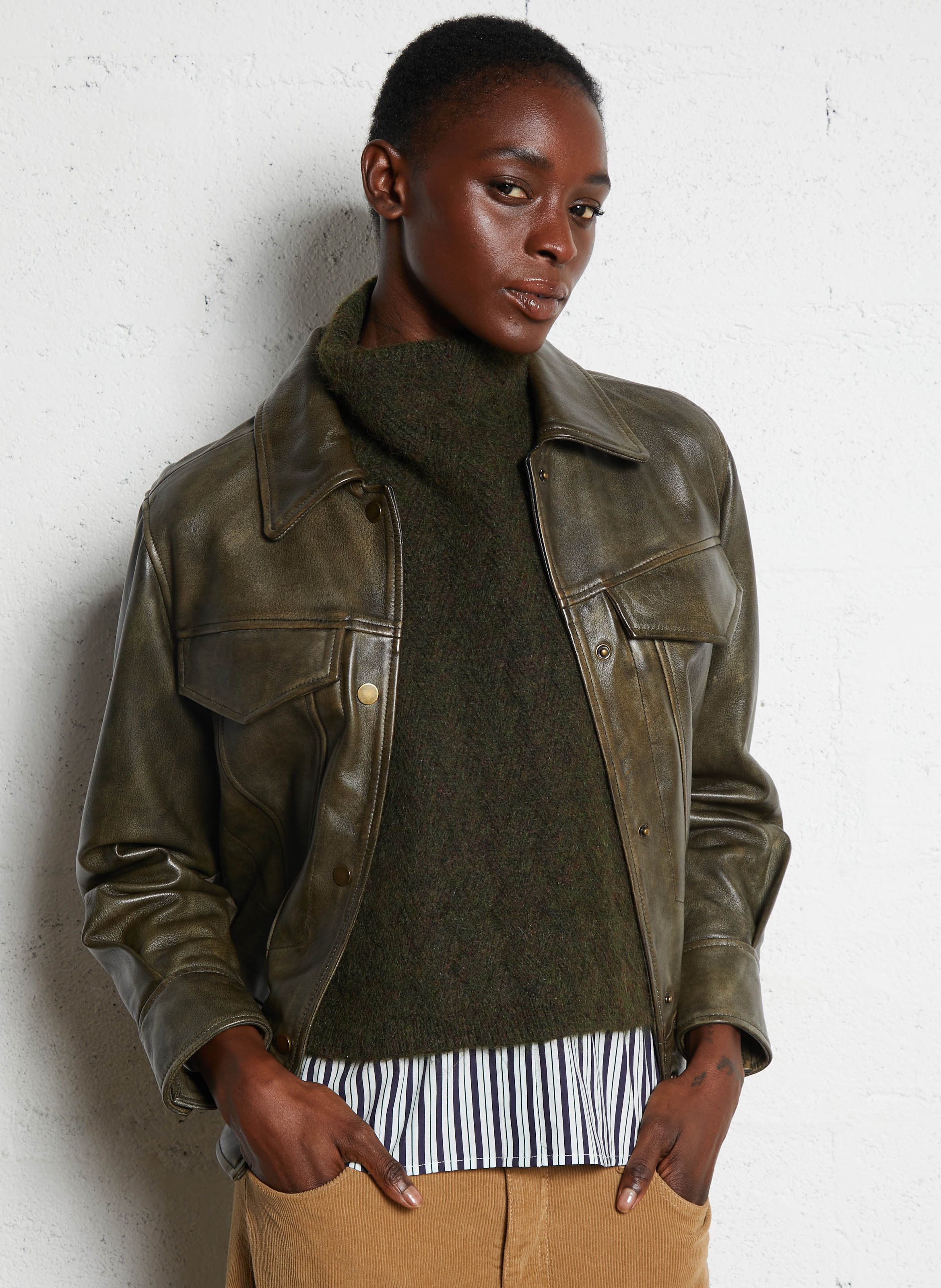 Veste col classique en cuir MAISON 123 Kaki