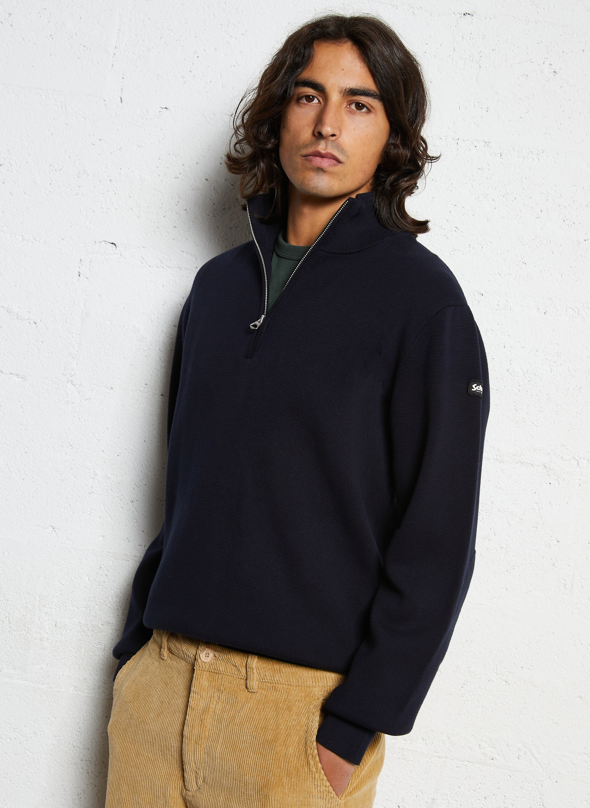Straight cotton sweater with zip-up high neck SCHOTT