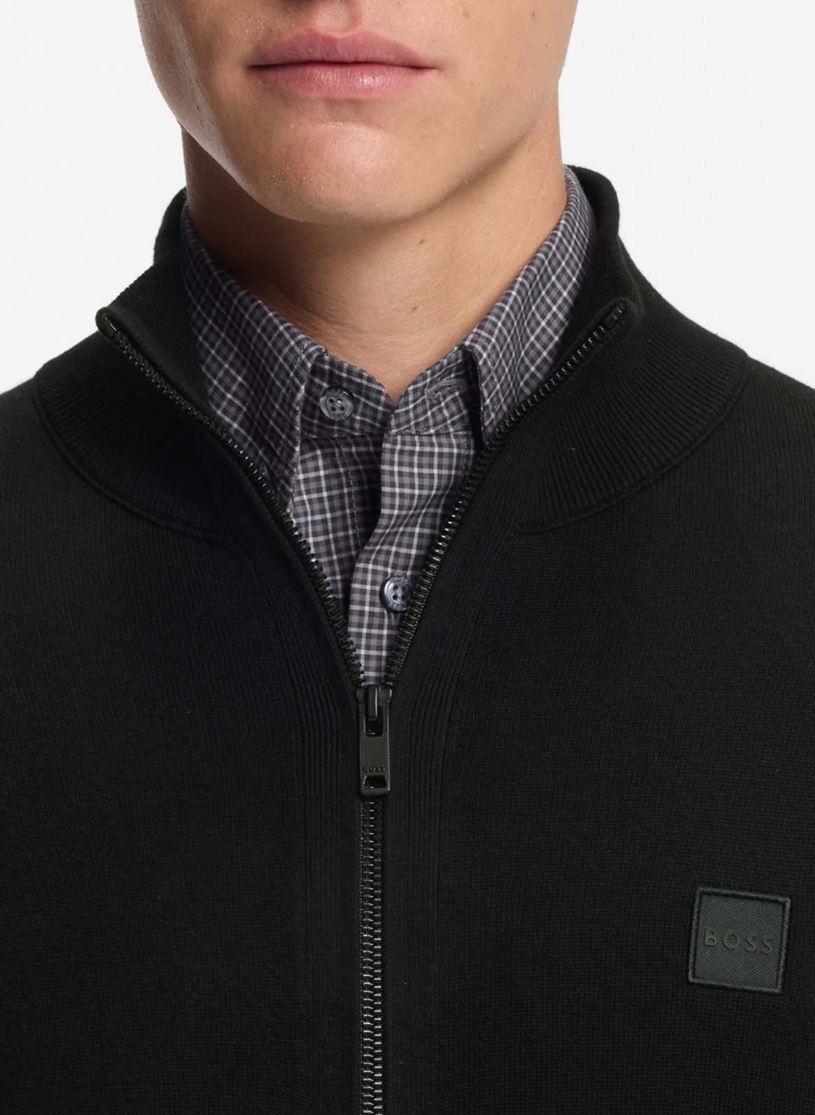 High-neck cardigan in cotton and cashmere blend BOSS Black