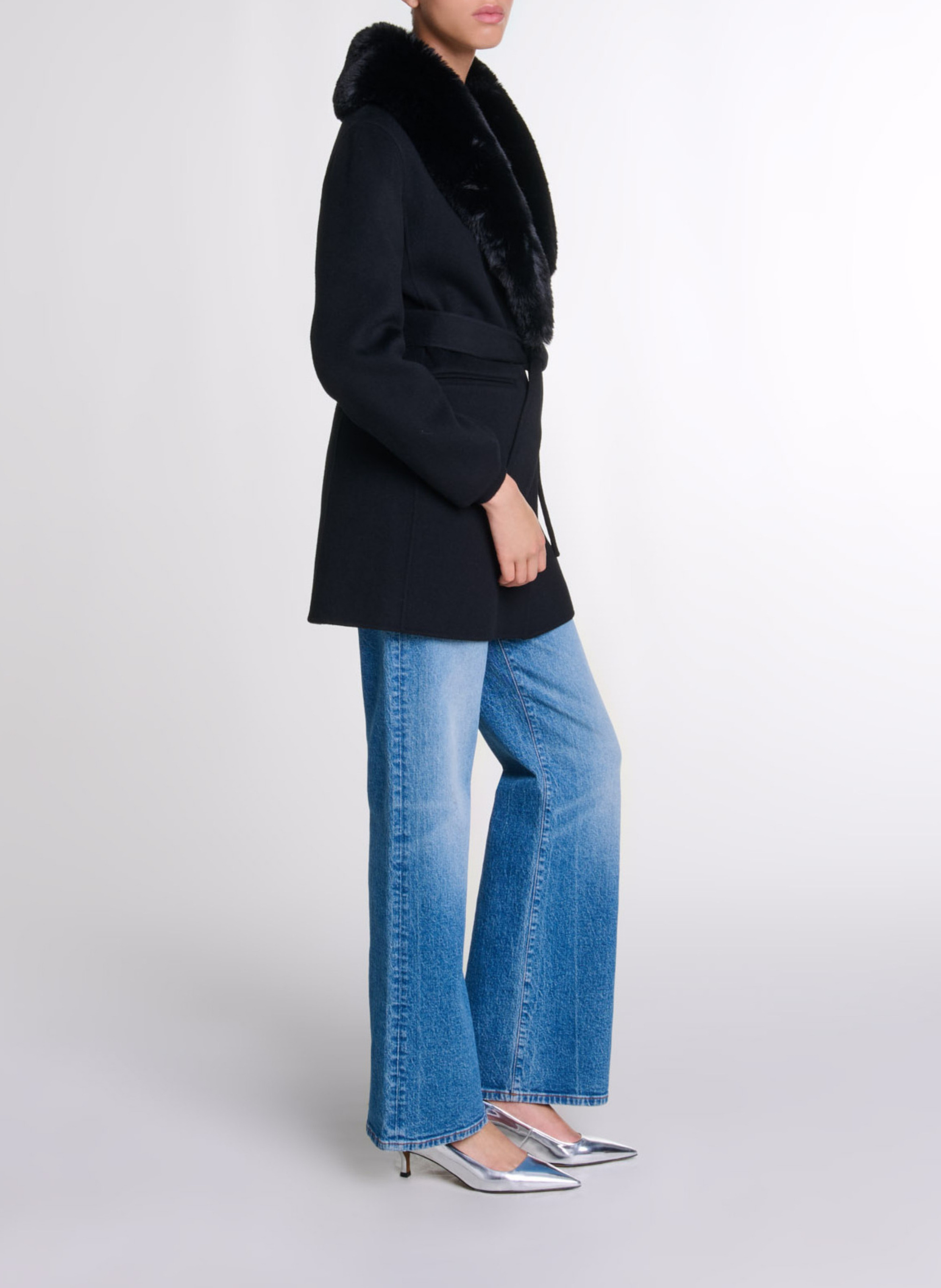 Jas met kraag met bonteffect in gemengde wol MAJE Zwart