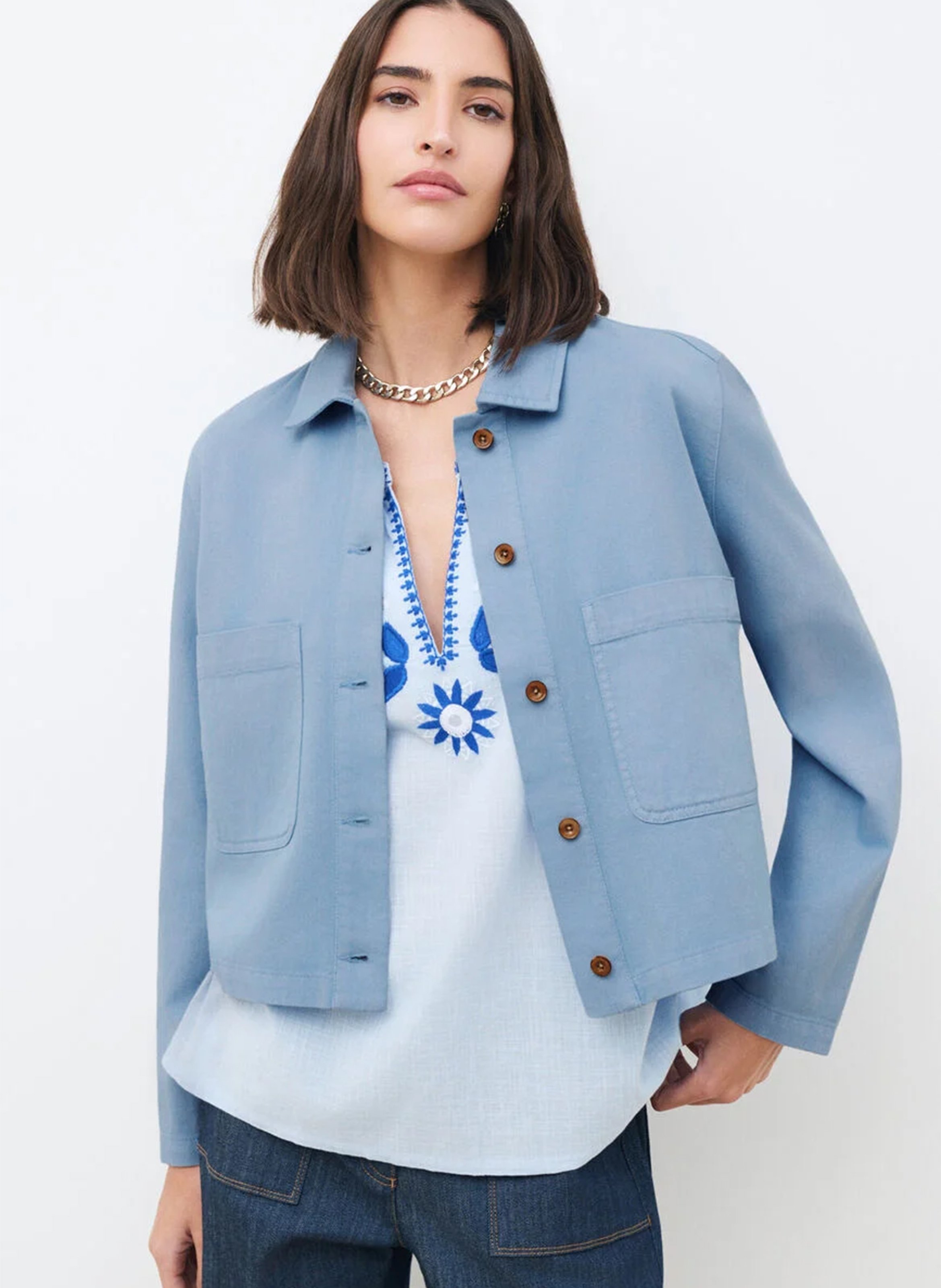 Blouson droit col classique en coton et lin mélangé CAROLL Bleu