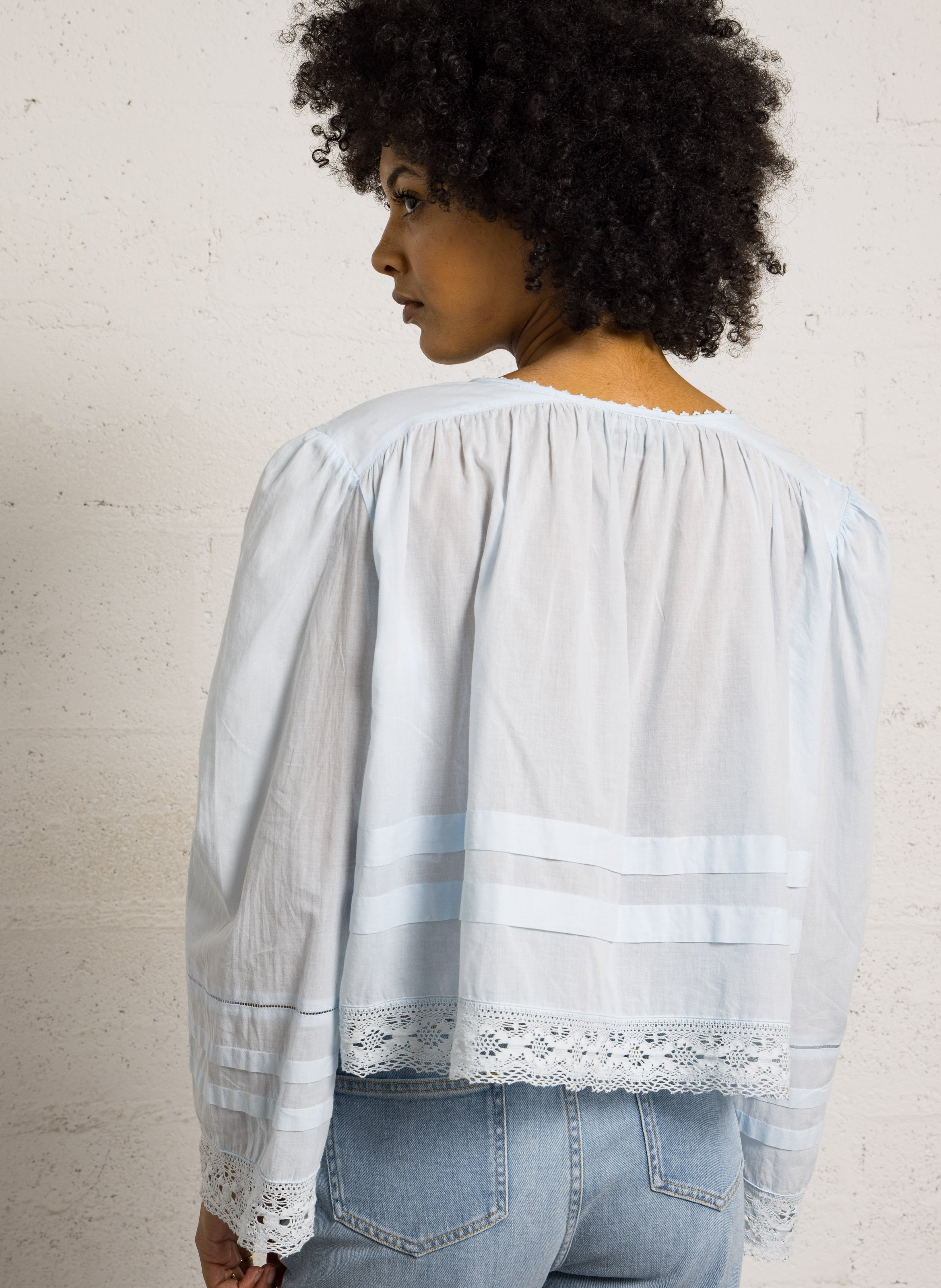 Blouse col V en coton BERENICE Bleu