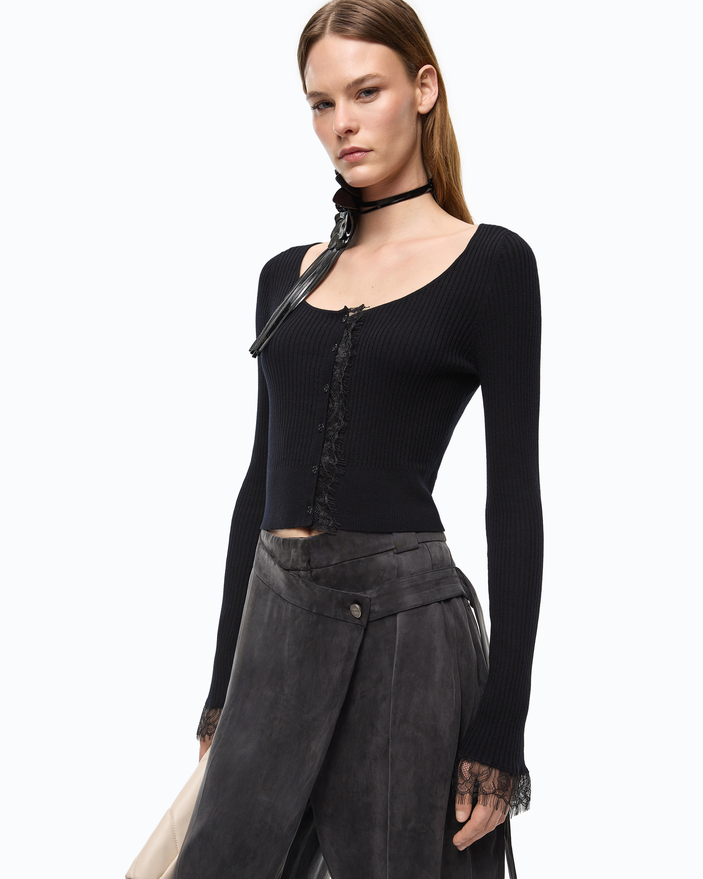Cropped silk and cashmere cardigan with lace trim PINKO Black
