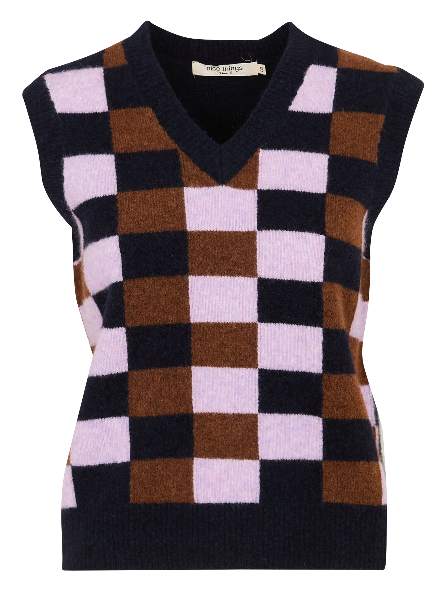 Pull sans manches col V à carreaux en laine mélangée NICE THINGS Bleu