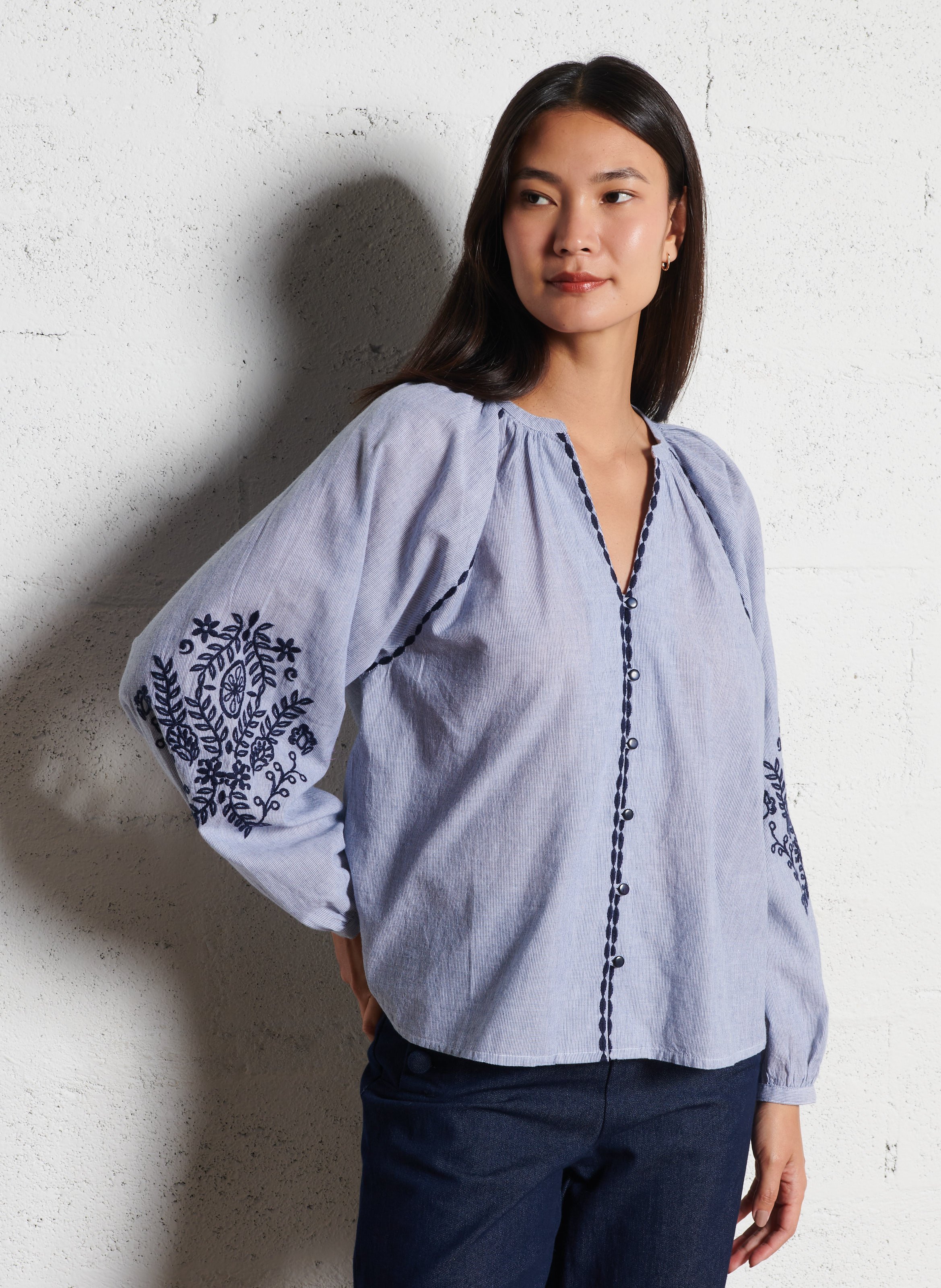 Blouse col V en coton LA PETITE ETOILE Bleu