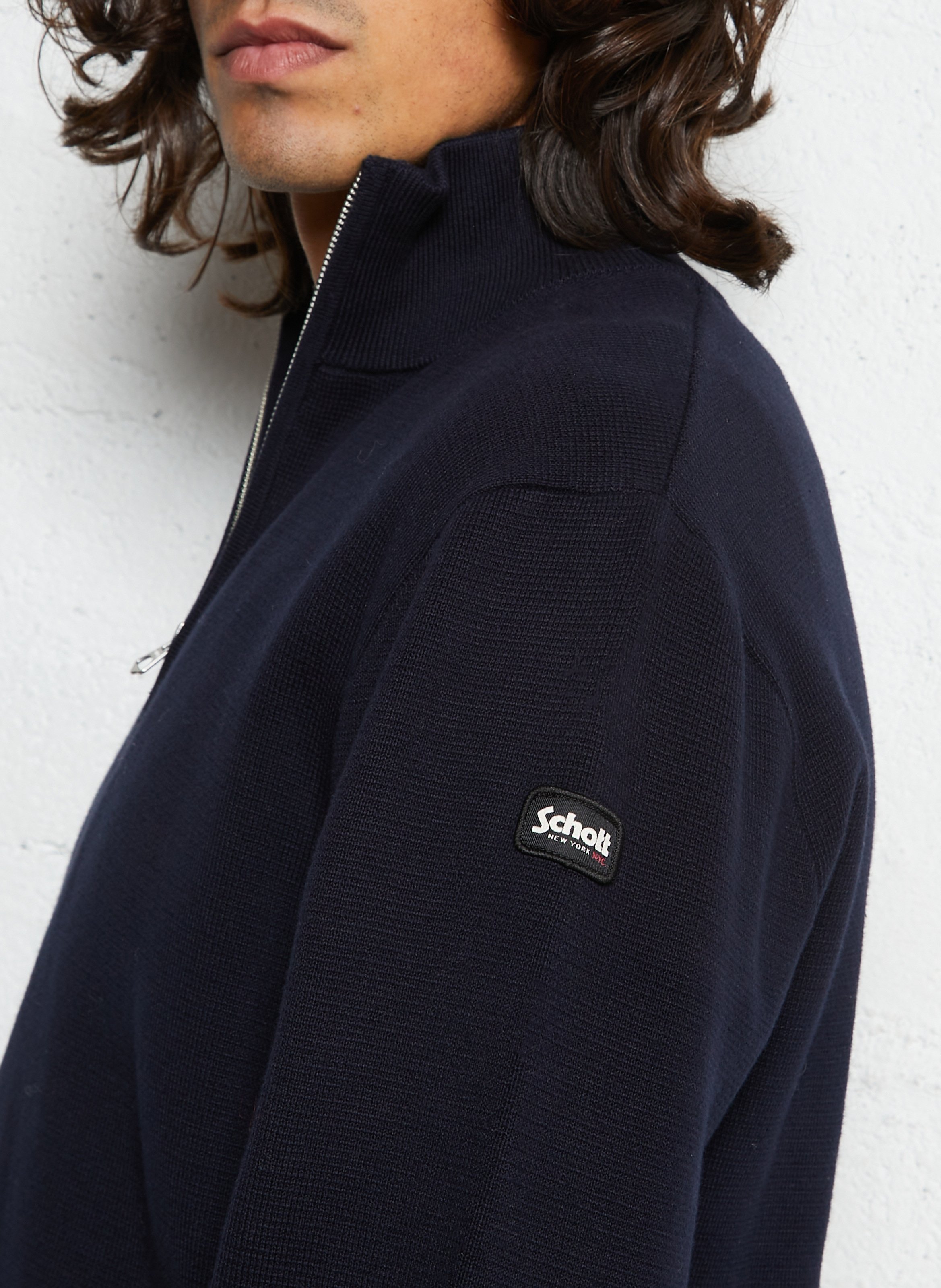 Pull droit col montant zippé en coton  SCHOTT Bleu
