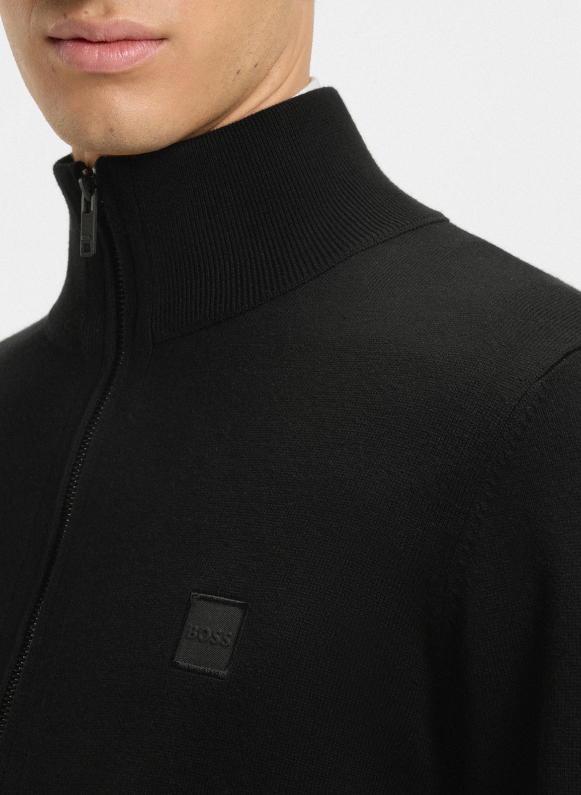 High-neck cardigan in cotton and cashmere blend BOSS Black