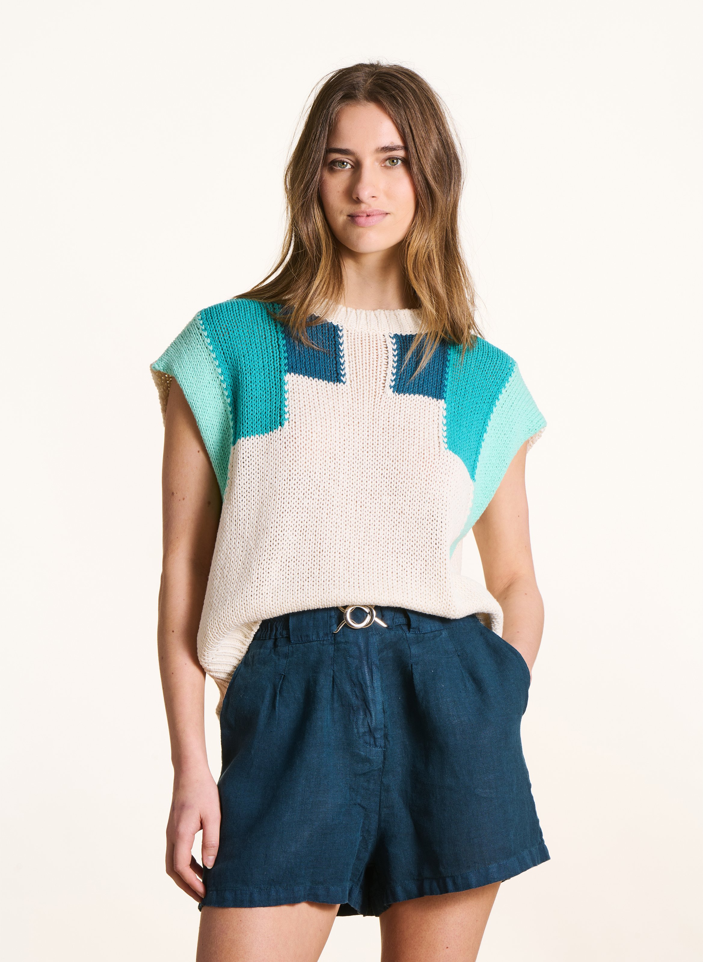 Weiter Rundhalsausschnitt-Pulli aus gemustertem recyceltem Baumwollgemisch LA FEE MARABOUTEE