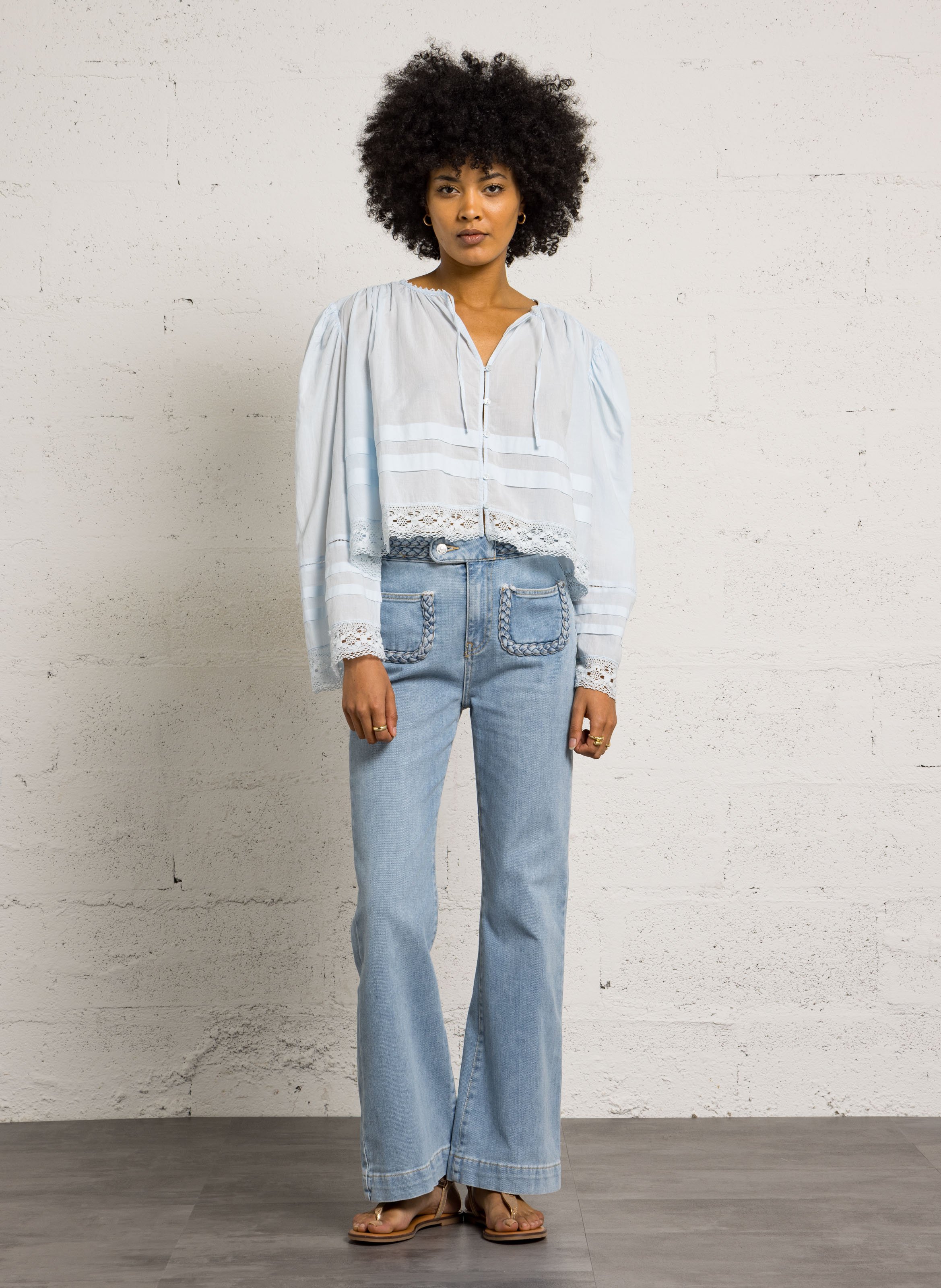 Blouse col V en coton BERENICE Bleu