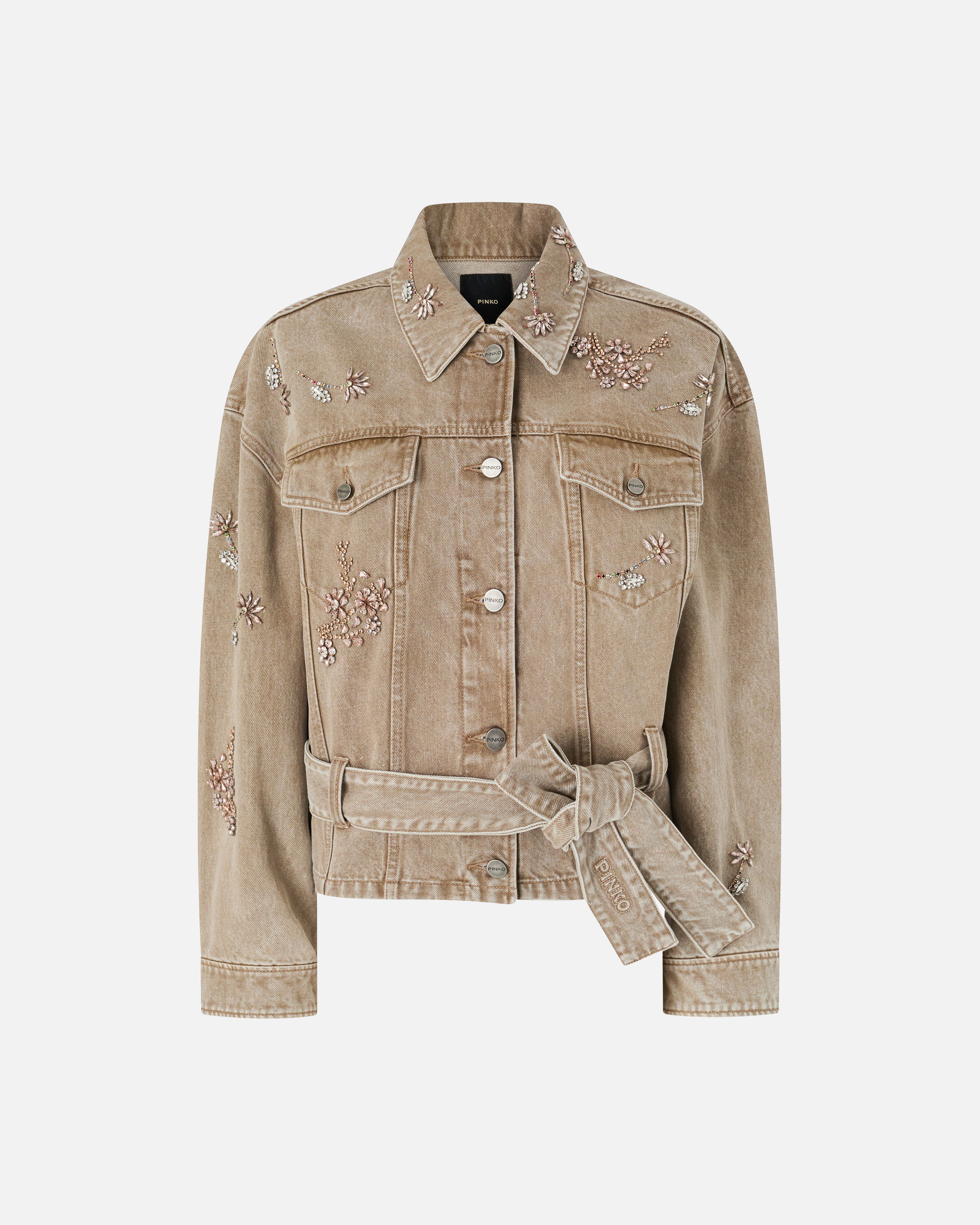 Brown denim jacket with jewel embroidery PINKO Beige