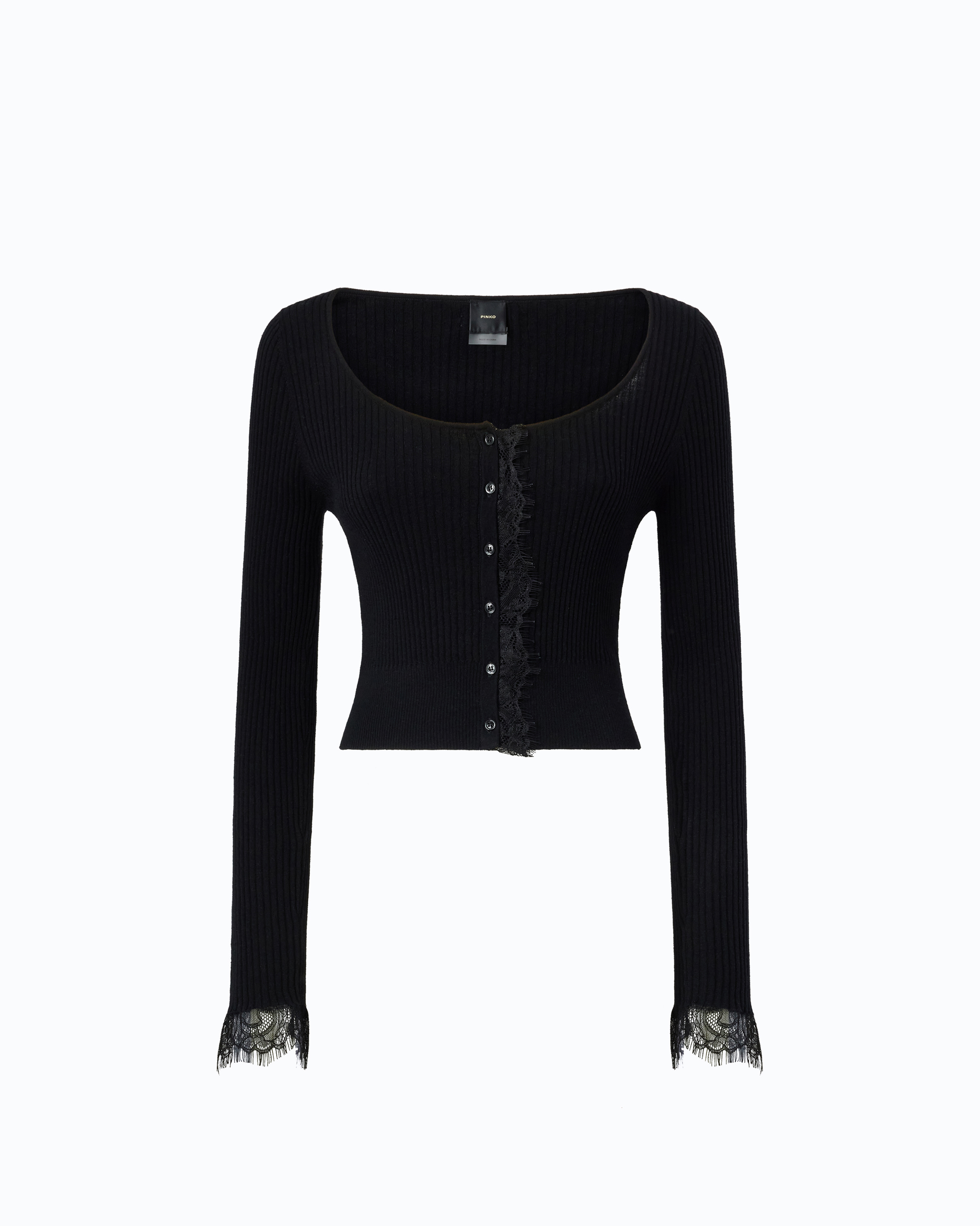 Cropped silk and cashmere cardigan with lace trim PINKO Black