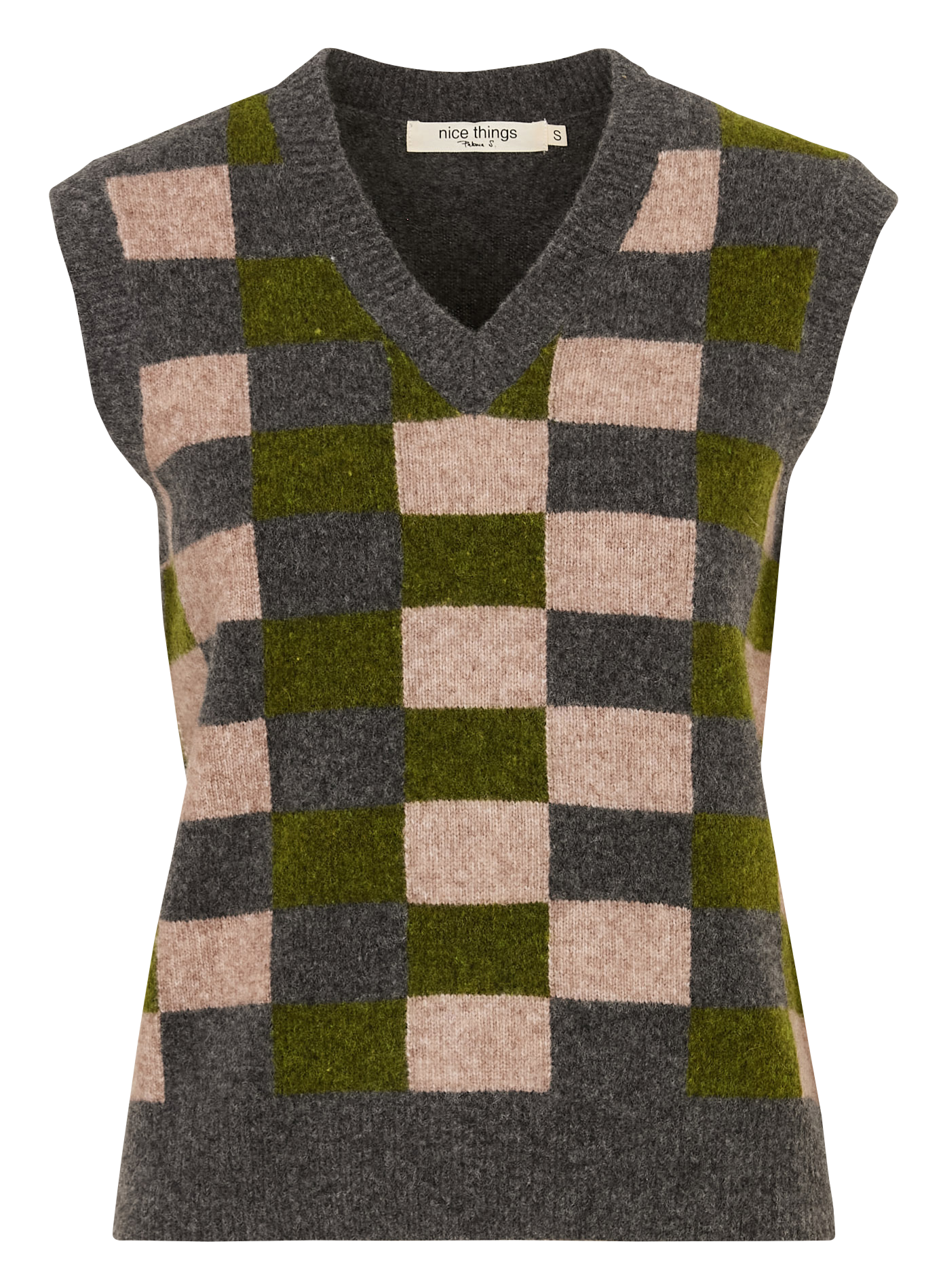 Pull sans manches col V à carreaux en laine mélangée NICE THINGS Gris