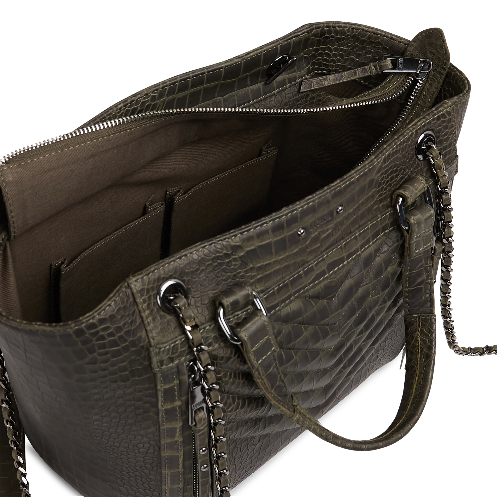 Embossed crocodile effect leather tote bag IKKS Khaki