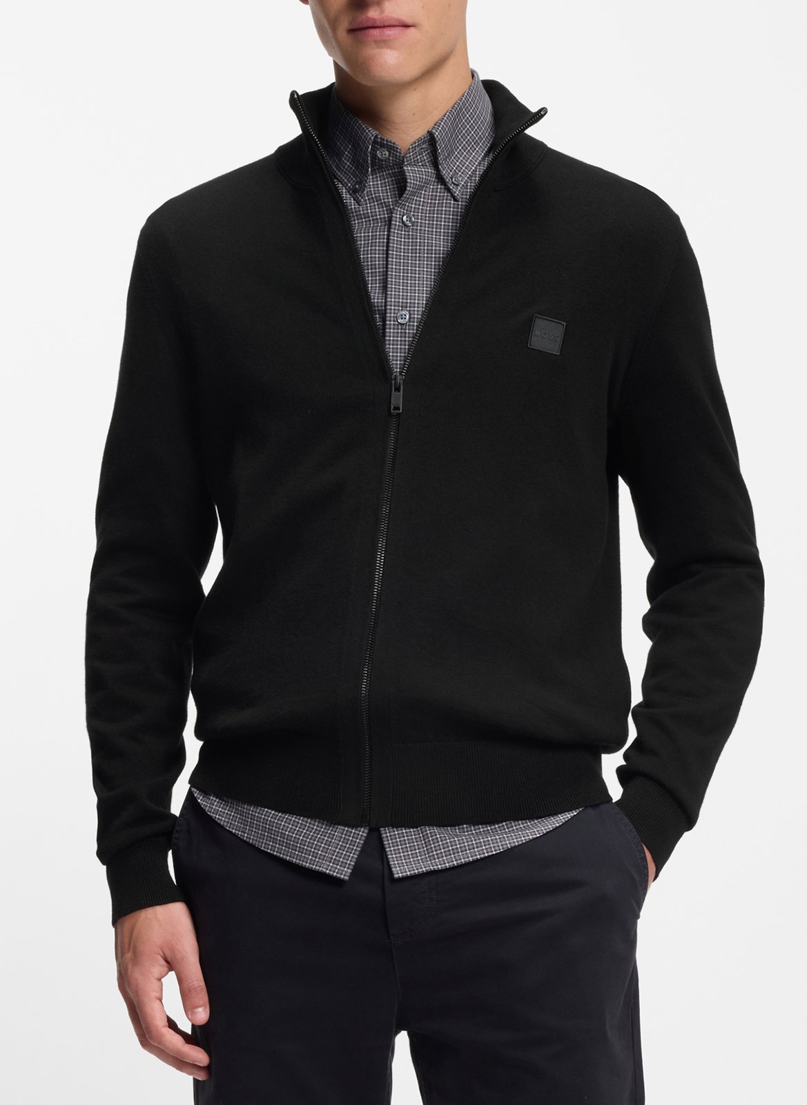 High-neck cardigan in cotton and cashmere blend BOSS Black