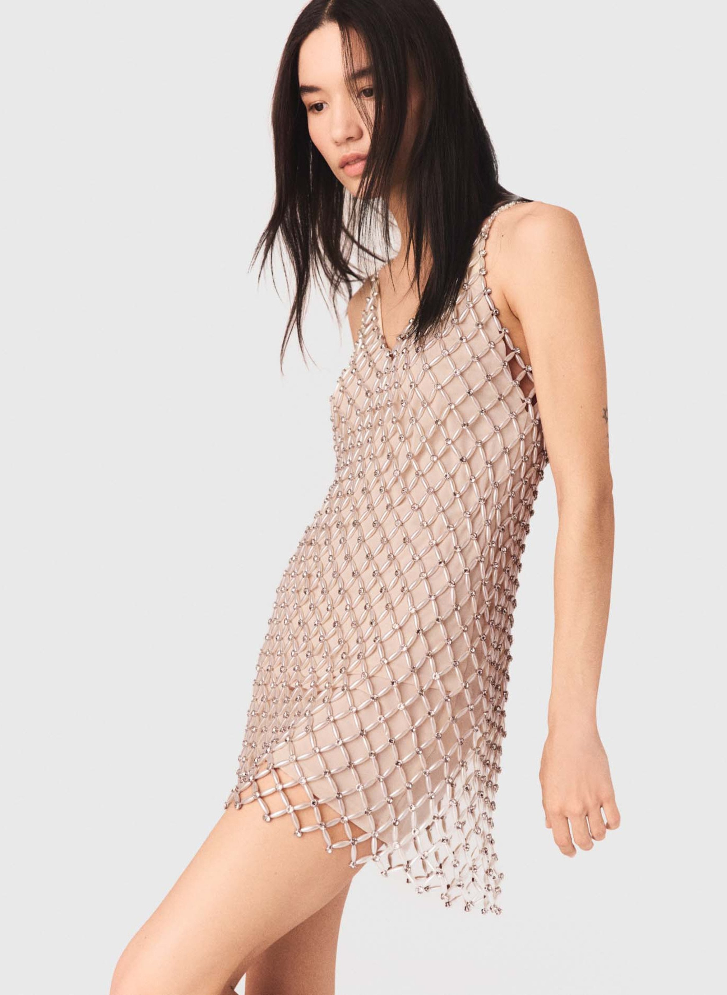 Korte jurk met glittersteentjes MAJE Beige