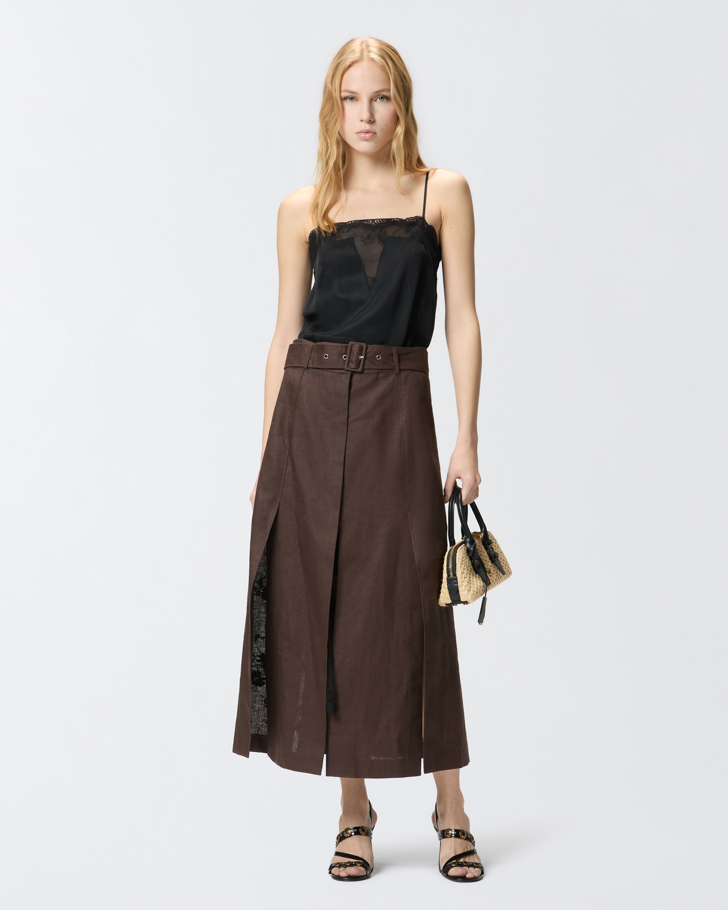 Robe midi en lin avec haut en dentelle PINKO Marron