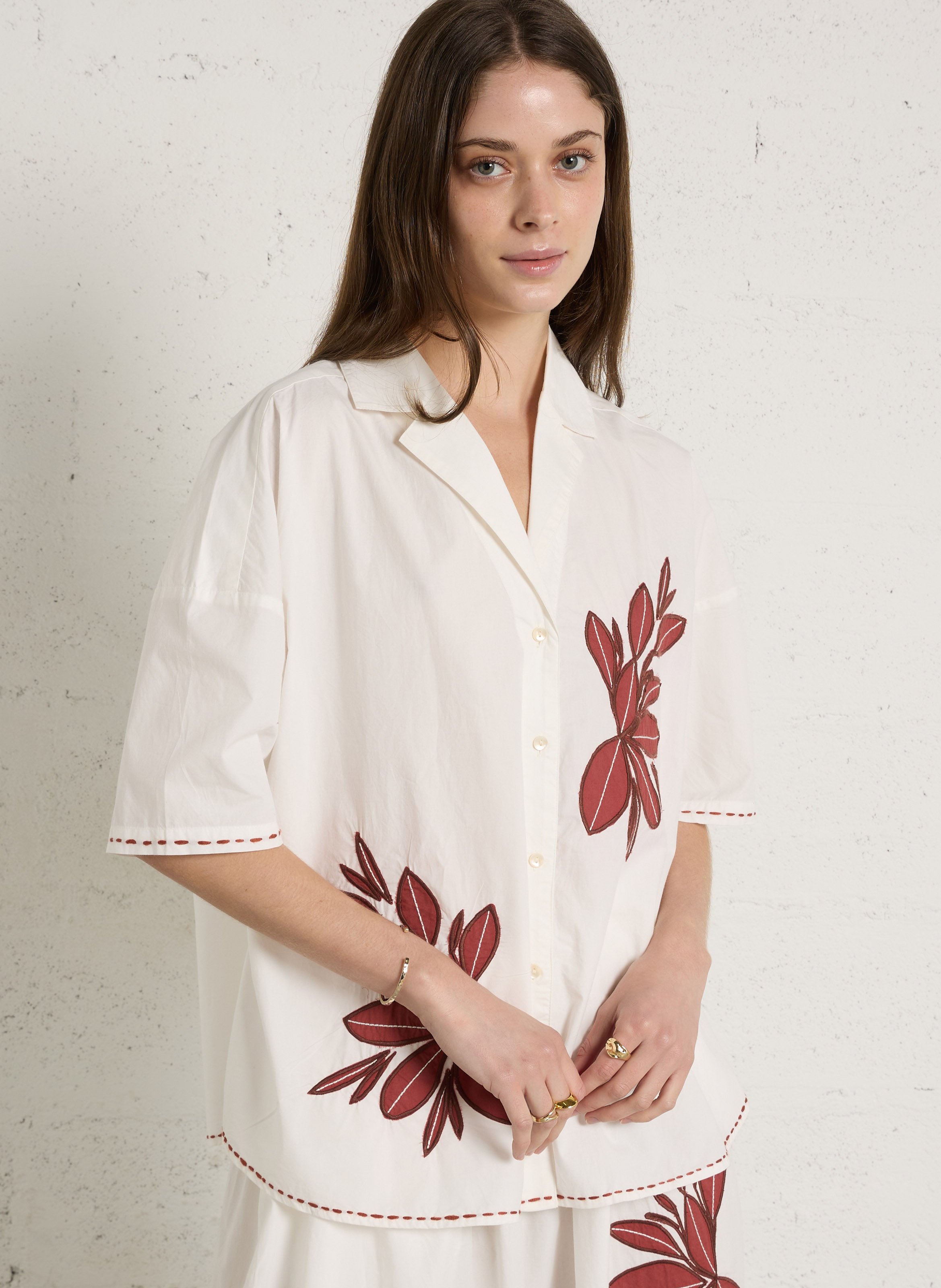 Chemise ample col tailleur brodée en coton DIEGA Rouge