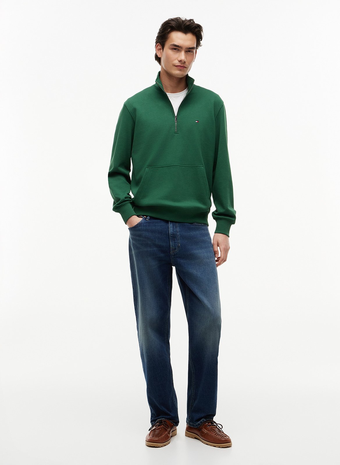 High-neck straight-cut cotton sweater Green