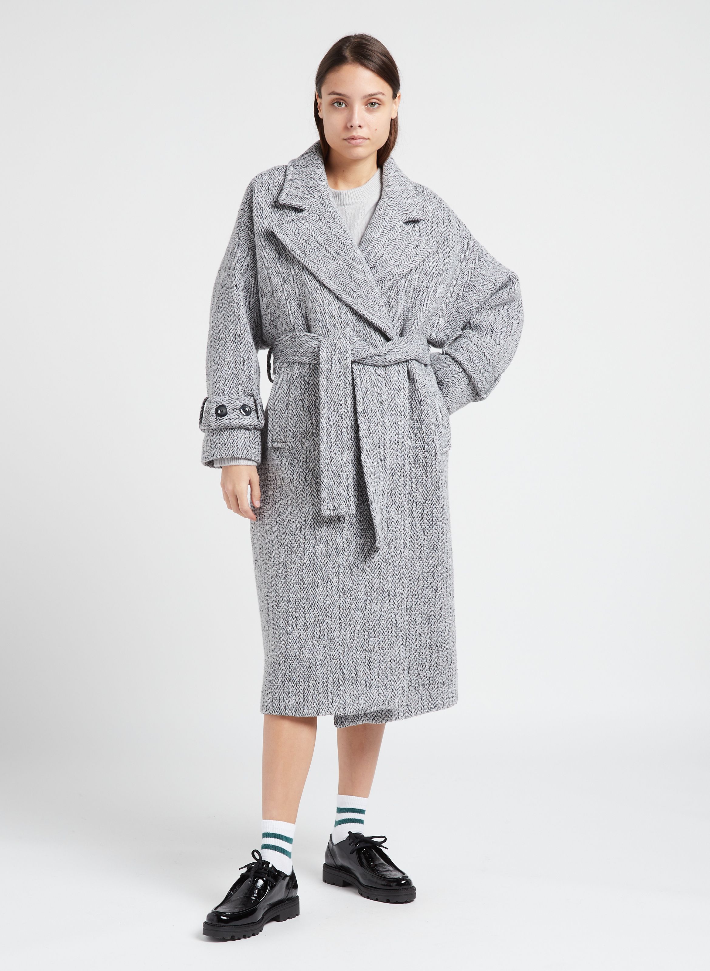 Silver Long wool blend coat with tailored collar