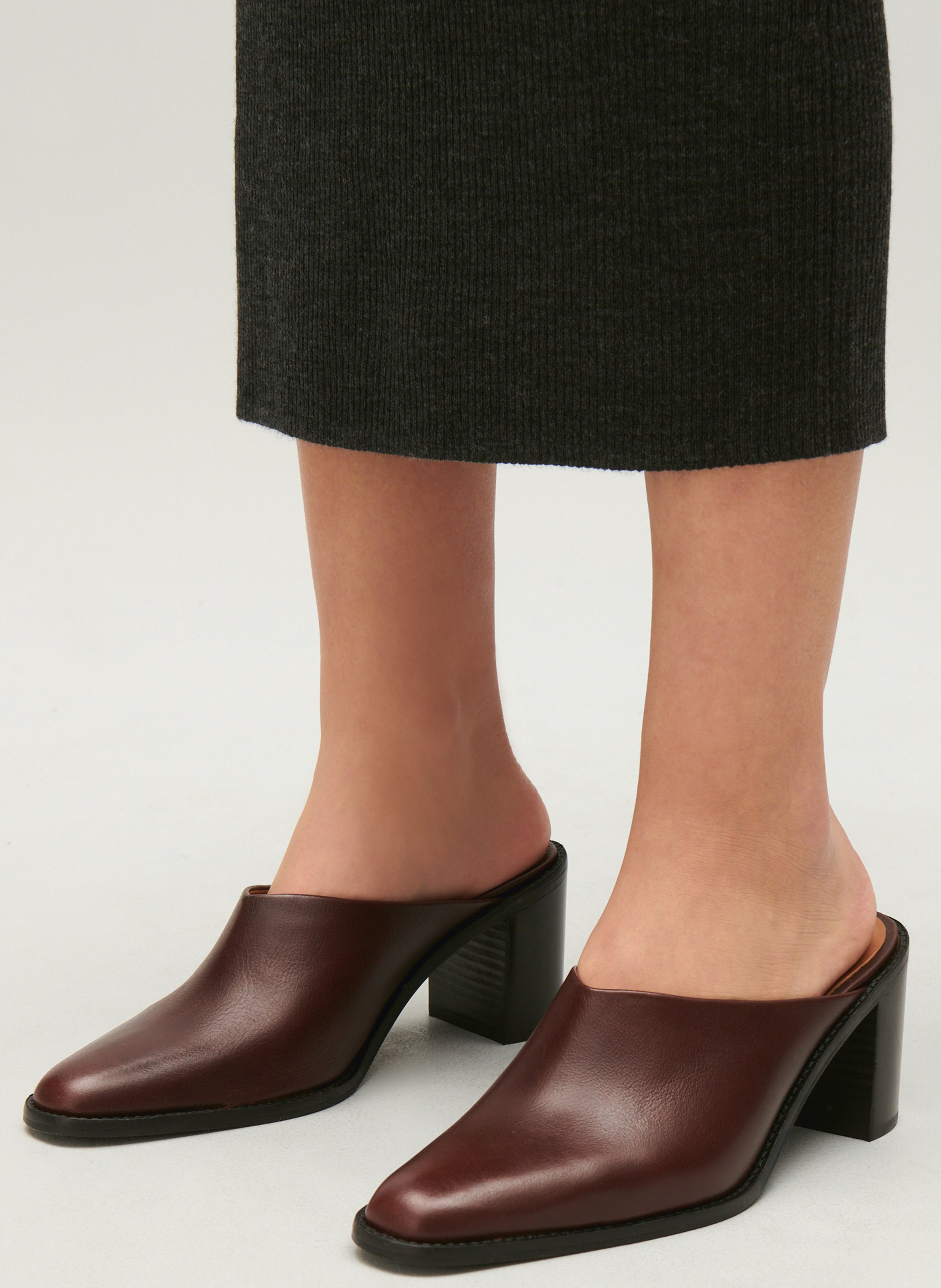 Brown Heeled smooth leather mules