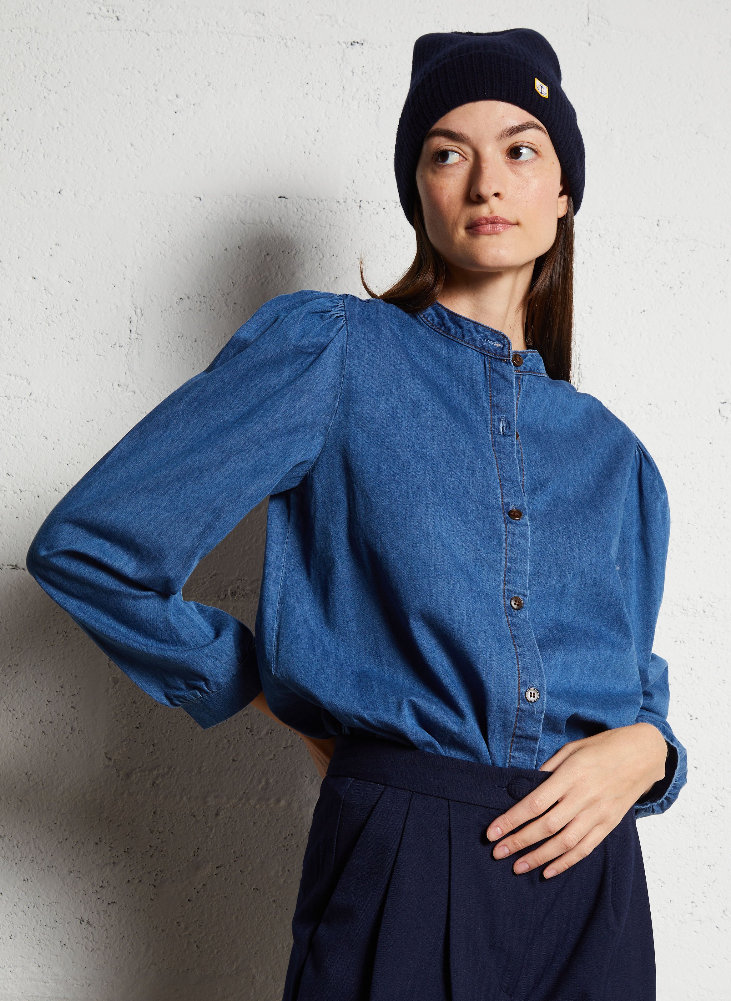 Chemise col officier droite en coton mélangé LA PETITE ETOILE Jean brut