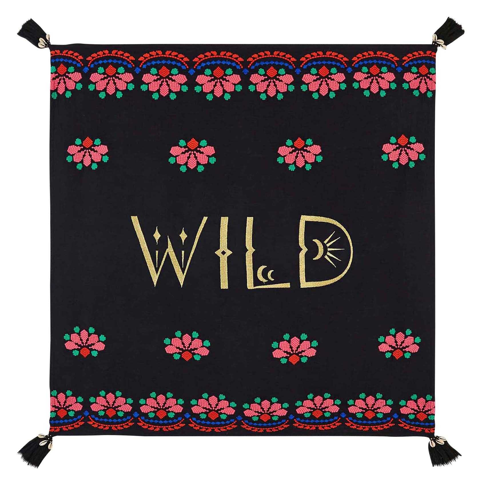 Embroidered cotton floaty scarf WILD Black