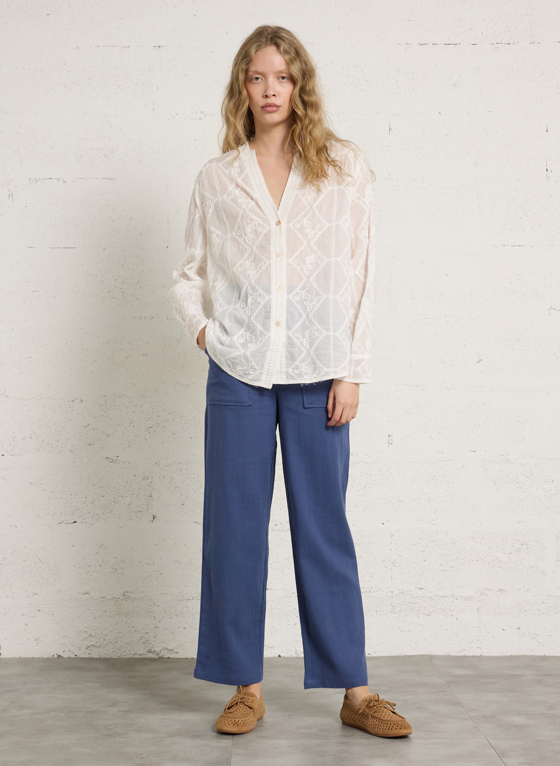 Pantalon droit taille haute en coton et lin THE KORNER Bleu