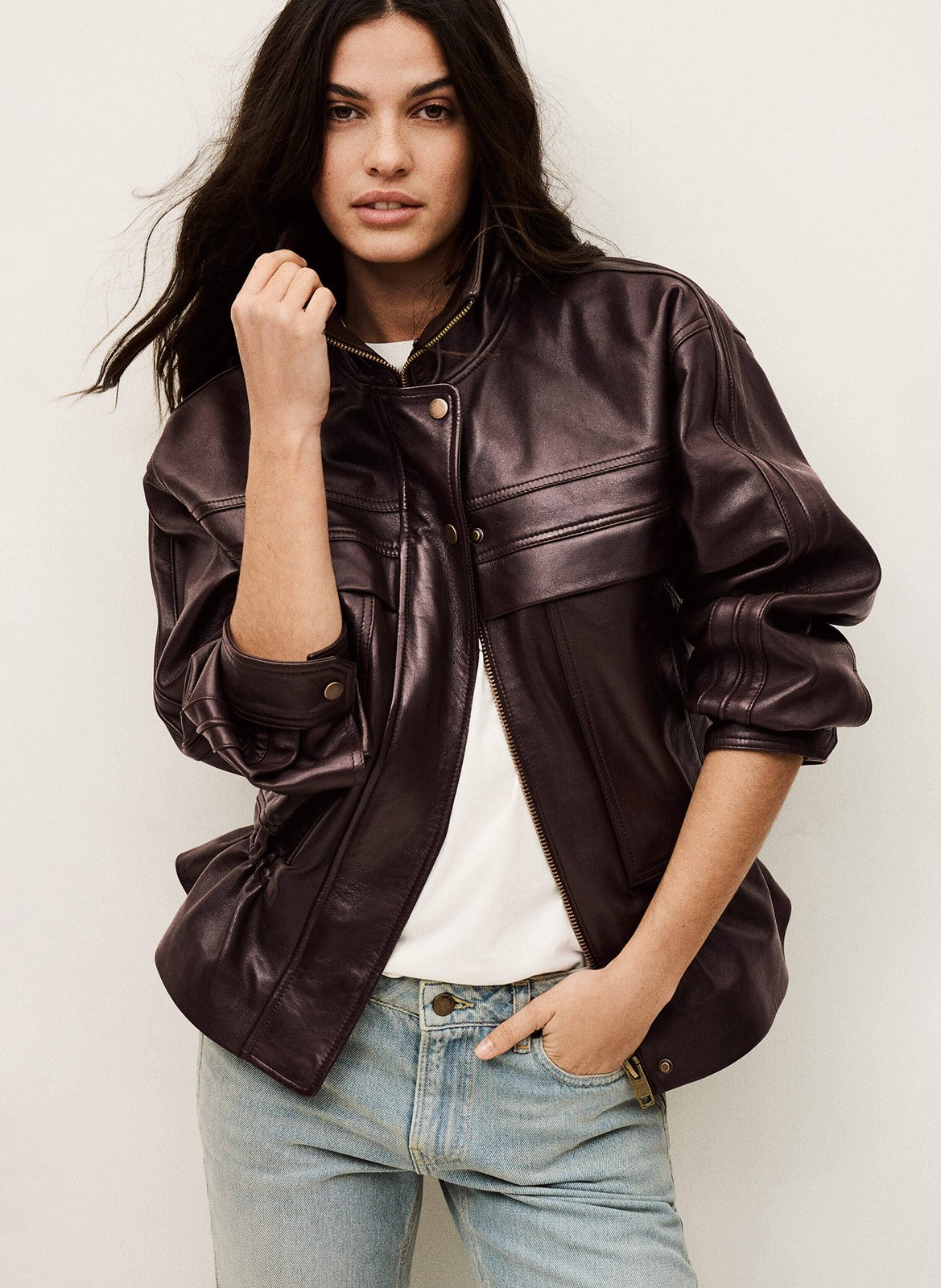 Veste en cuir cintrée à col montant BA&SH Rouge