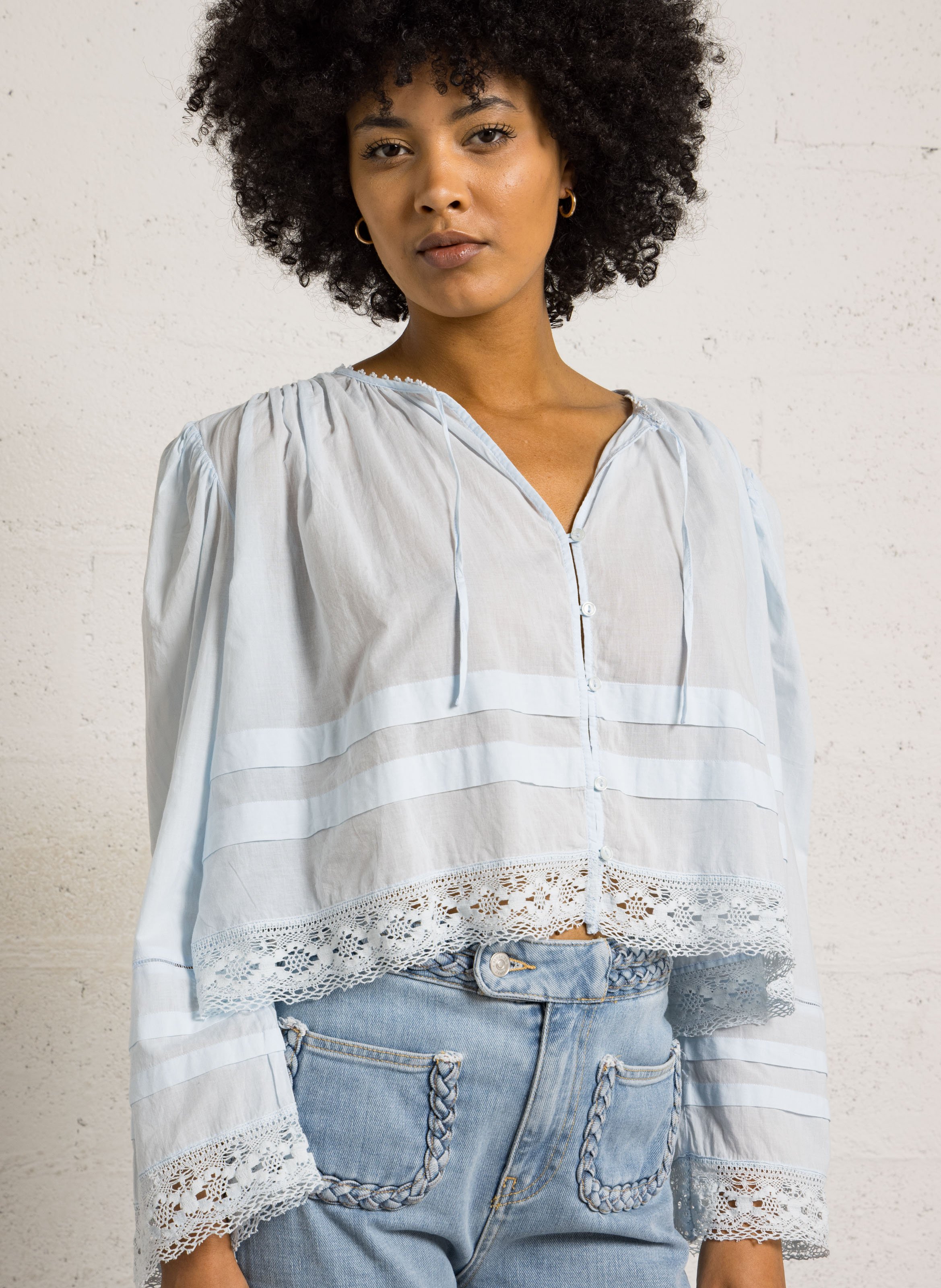 Blouse col V en coton BERENICE Bleu