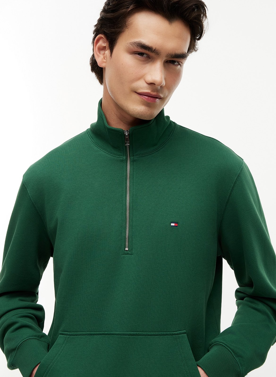 High-neck straight-cut cotton sweater Green