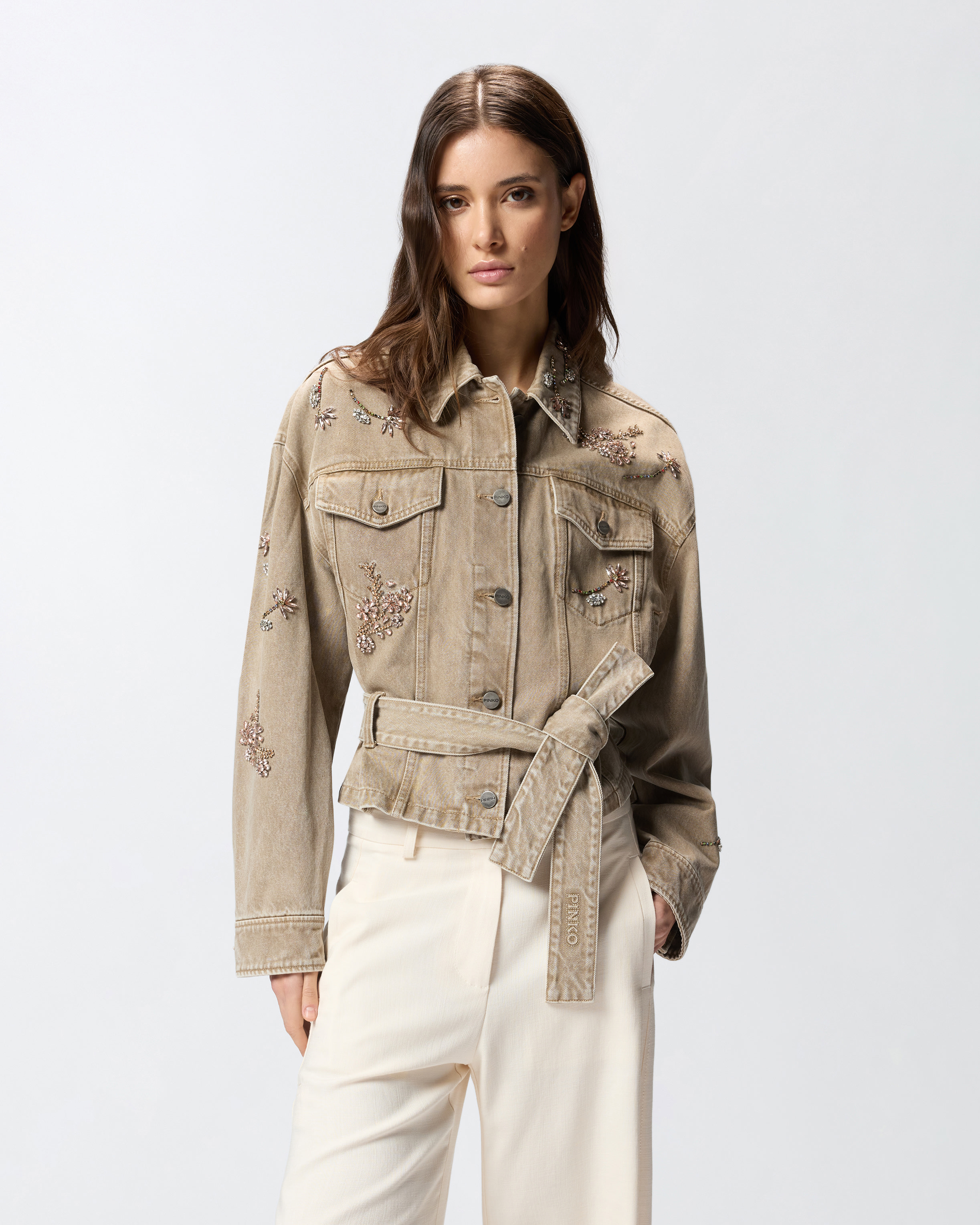 Brown denim jacket with jewel embroidery PINKO Beige