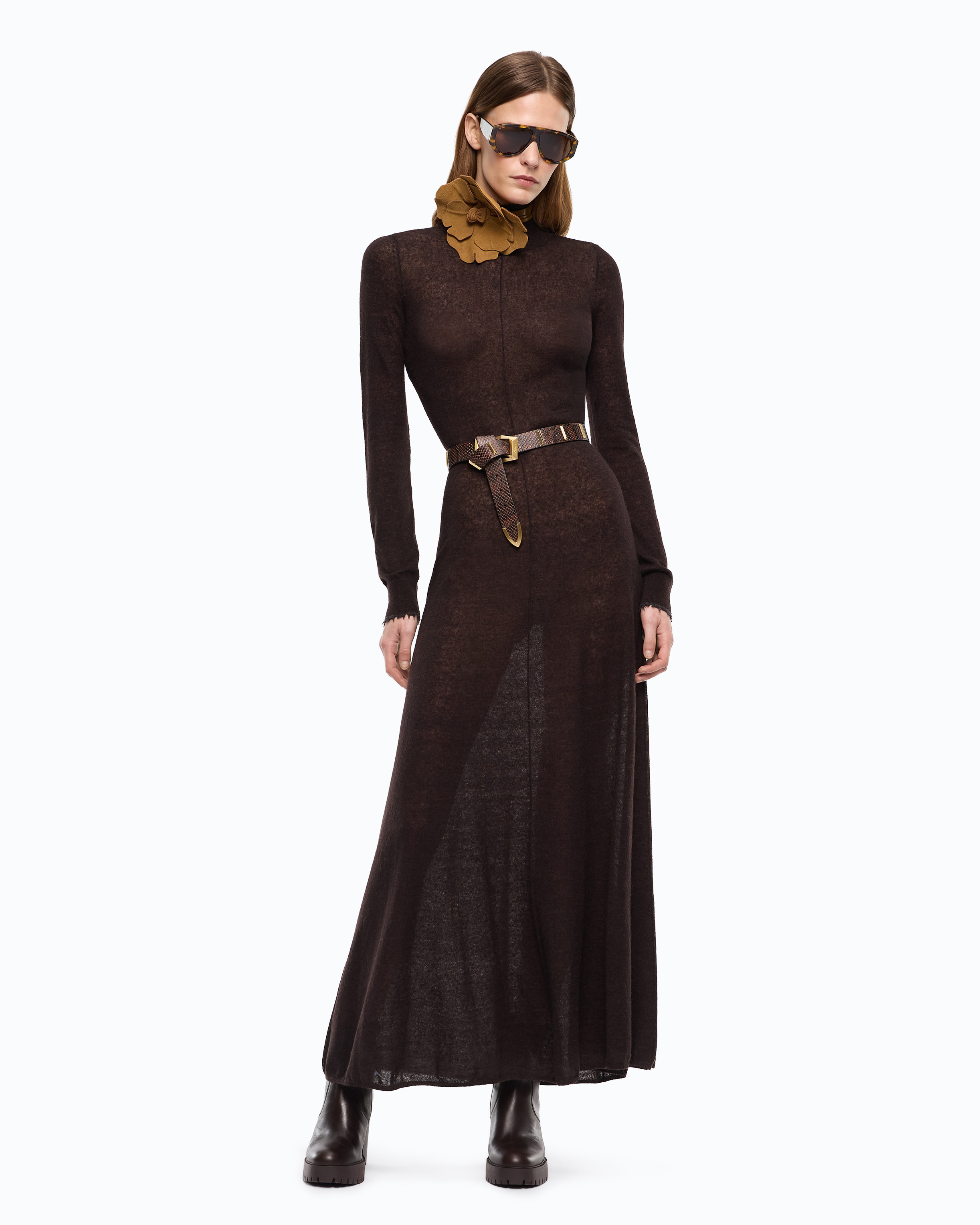 Robe longue à col roulé en laine mérinos et alpaga PINKO Marron
