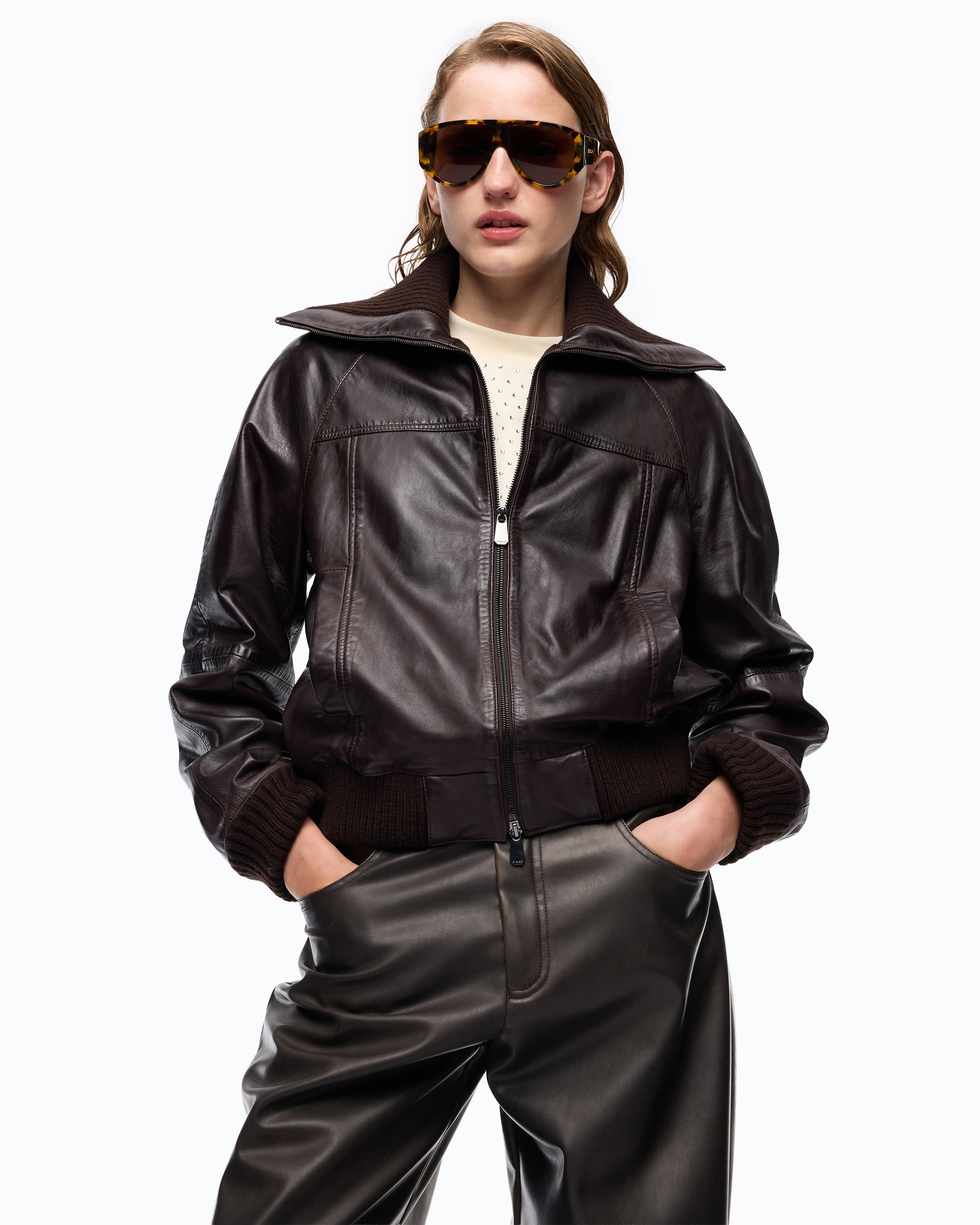 Leather bomber jacket with turn-down collar PINKO Brown