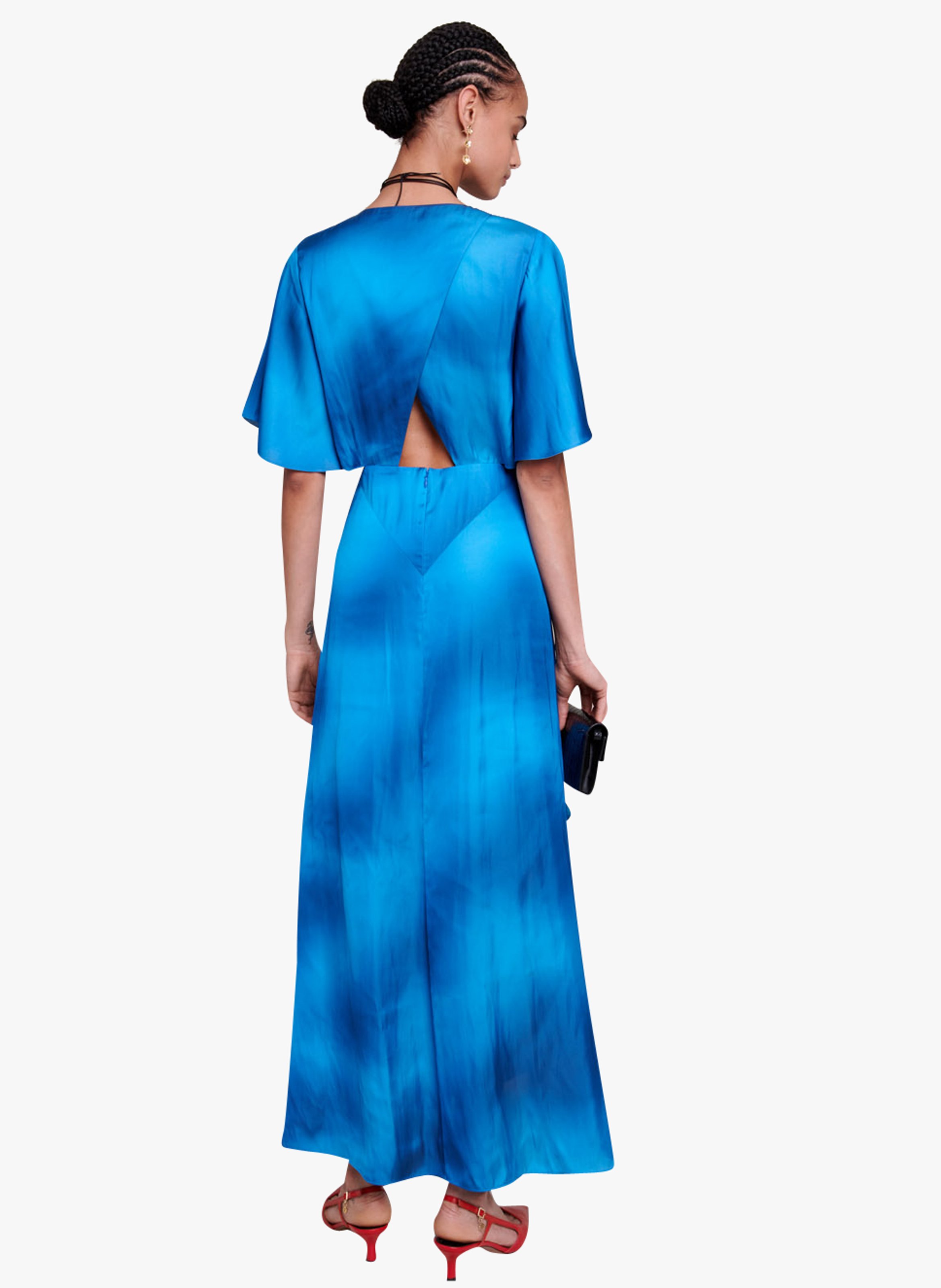 Robe longue col V satin e Bleu