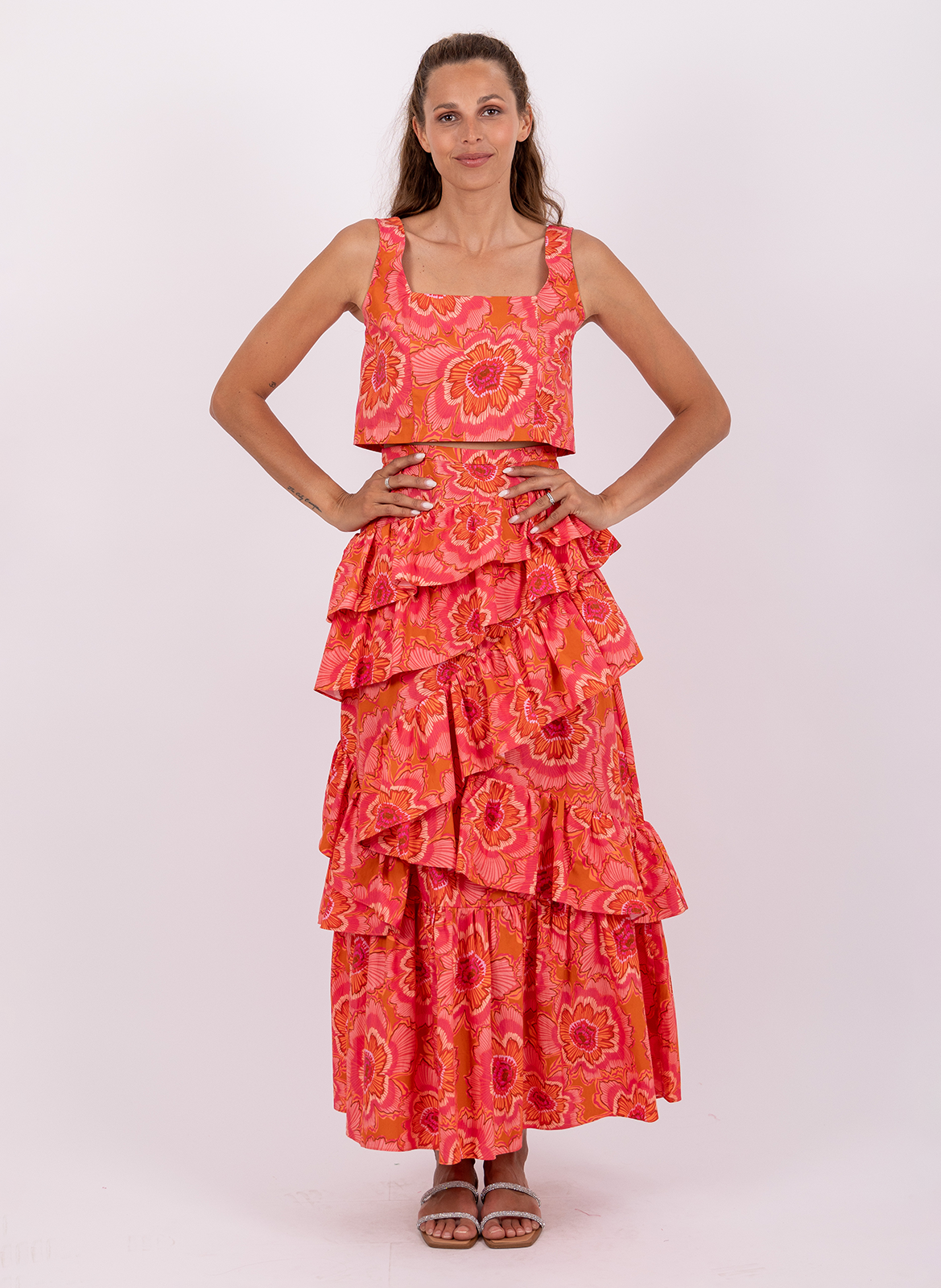 Jupe longue imprimée à volants asymétriques SUNDRESS Rose