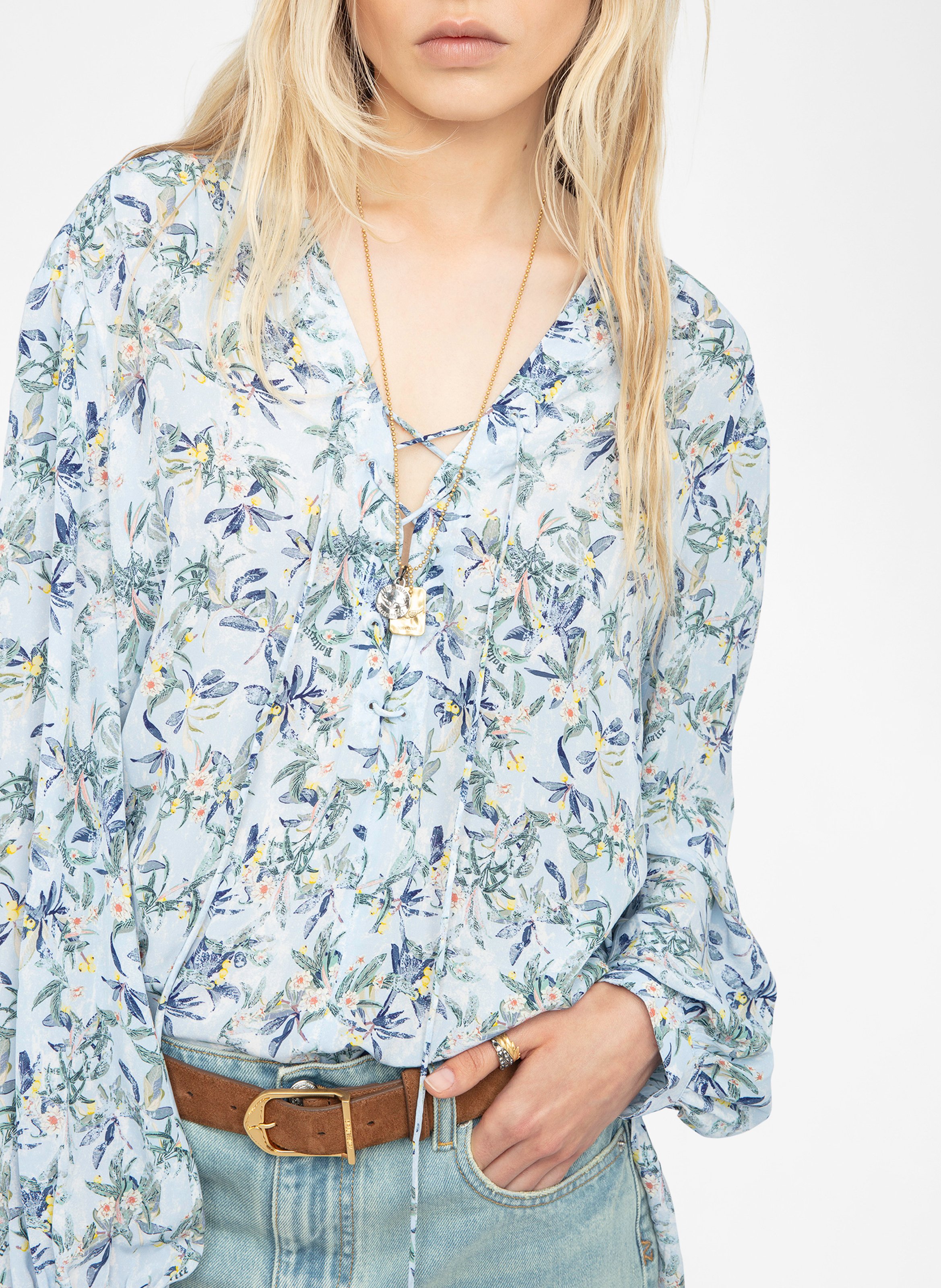 Top col v imprimé en soie  ZADIG&VOLTAIRE Bleu