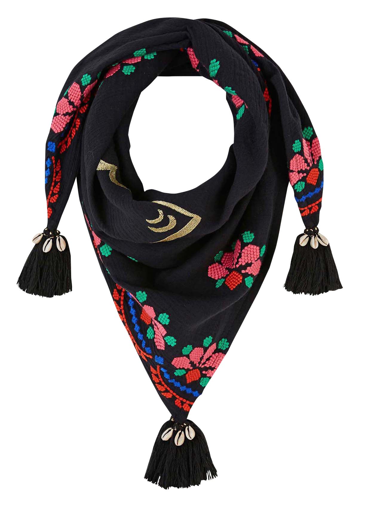 Embroidered cotton floaty scarf WILD Black