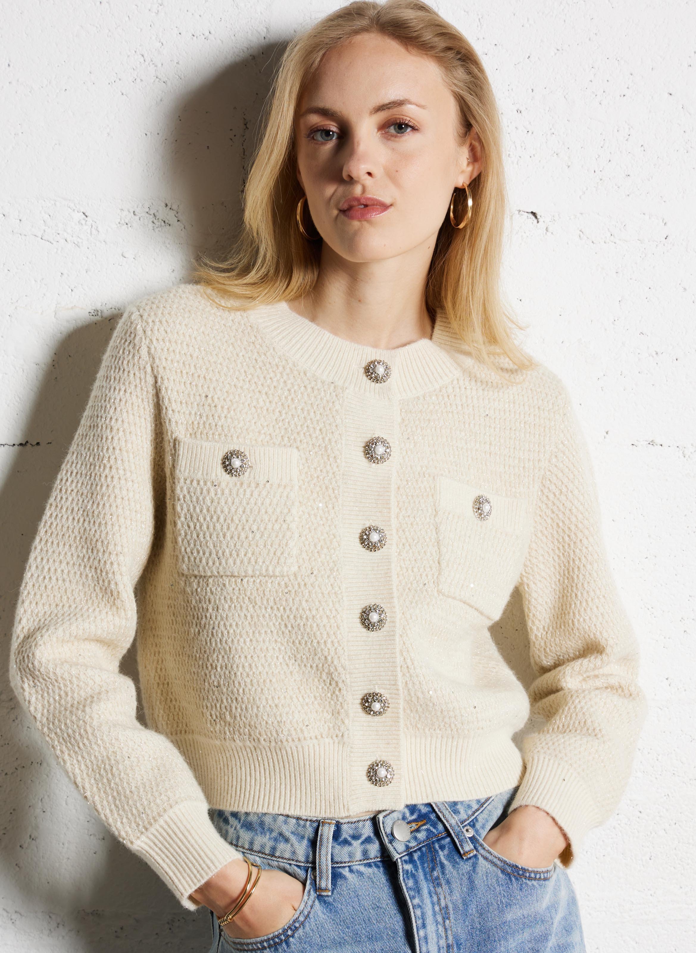 Gerade geschnittene Strickjacke SUNCOO Weiss